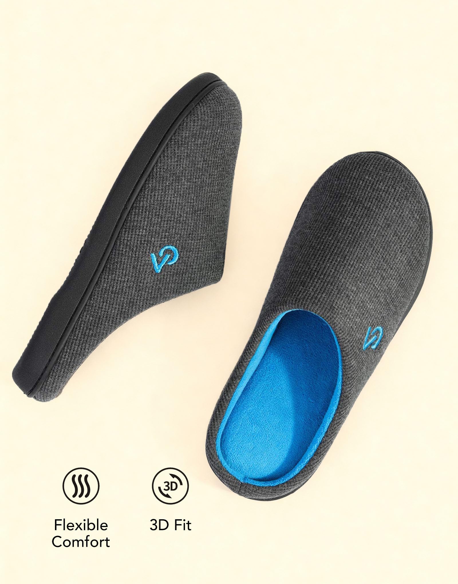 VeraCosy Men's Two-Tone Memory Foam House Slippers Indoor Outdoor Durable Rubber Sole (Dark Gray/Blue, 11-12 US)