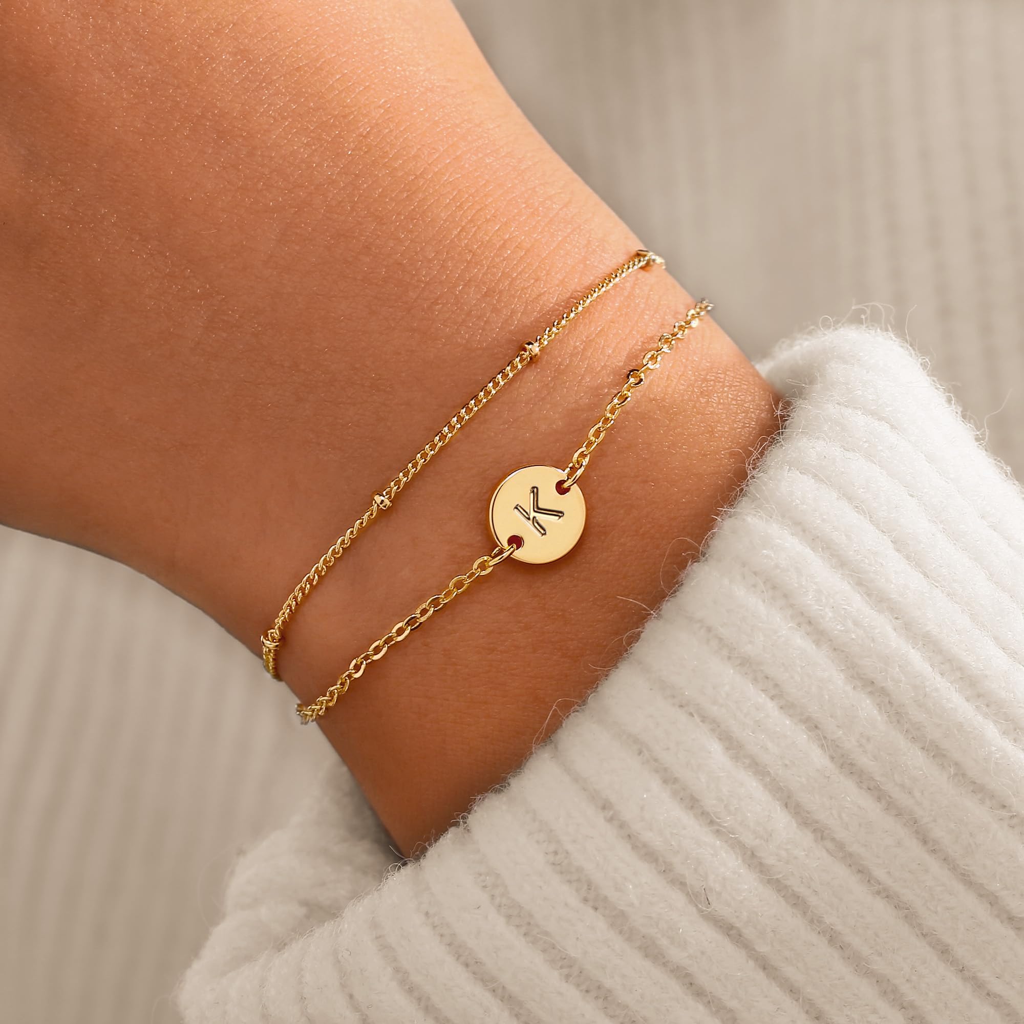 MONOZO Gold Initial Bracelets for Women Birthday Gifts, 18K Gold Plated Layered Letter Initial Bracelet Jewelry Dainty Disc Letter K Initial Charm Bracelets for Women Birthday Jewelry Gifts