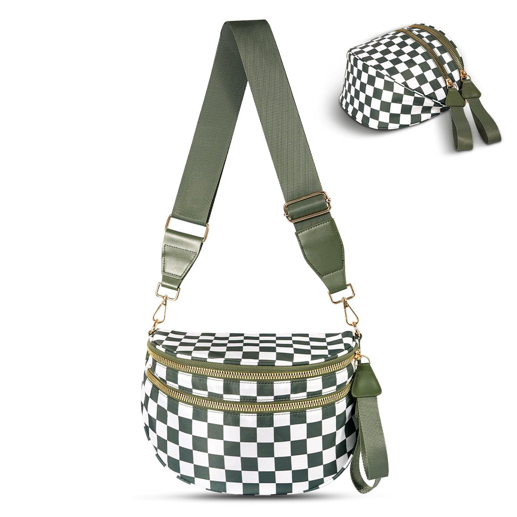 idoltimes Checkered Crossbody Bag,Nylon Bum Bags for Women Crossbody,Spacious Sling Bag Purse Fanny Packs with Shoulder Strap