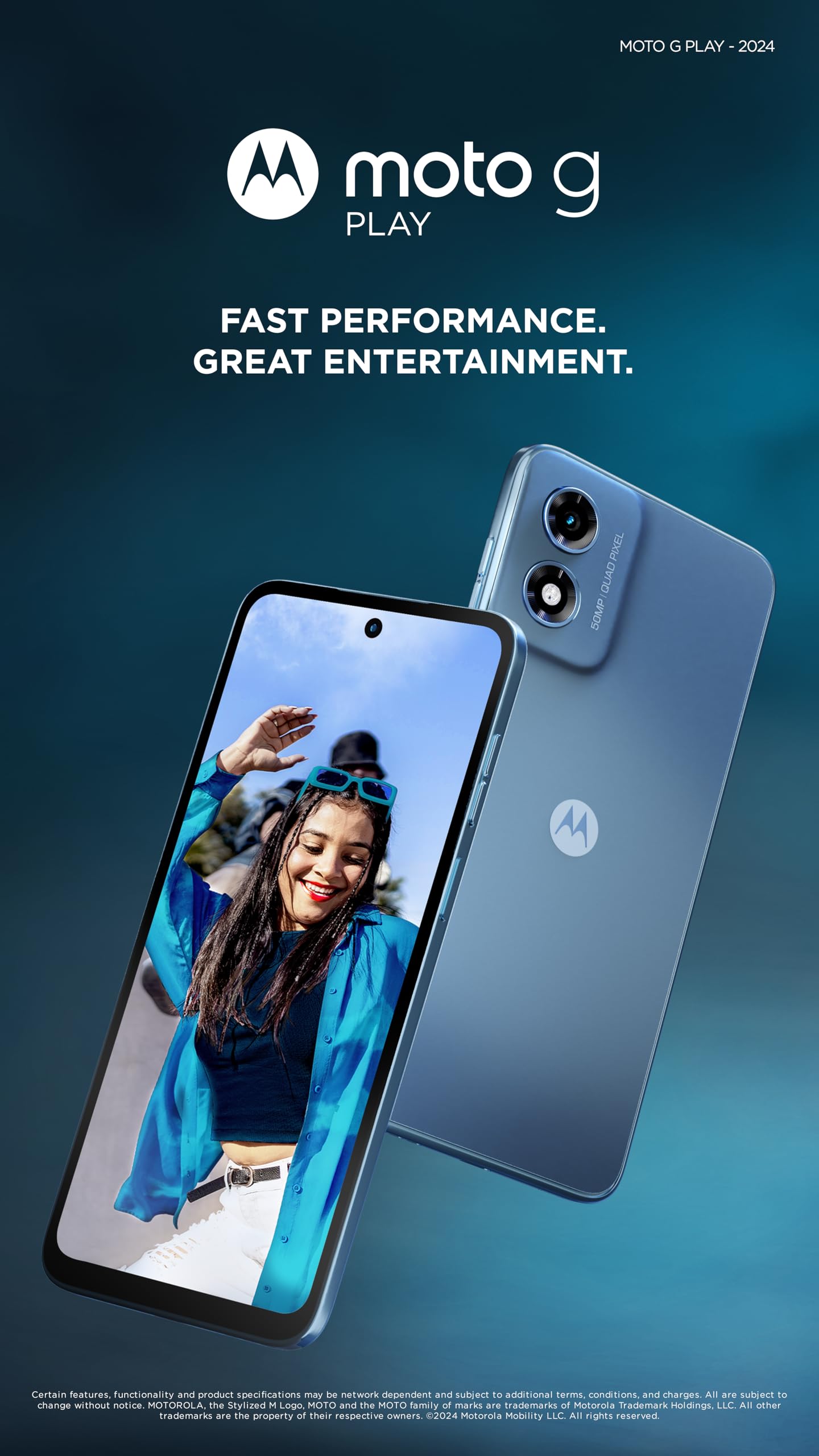 Verizon Prepaid Motorola moto g Play 2024, 64GB, Sapphire Blue - Prepaid Smartphone, 6.5" 90Hz HD+ Display, 50MP Camera System, Long-Lasting 5000mAh Battery - Locked - NOT COMPATIBLE WITH VZ POST PAID