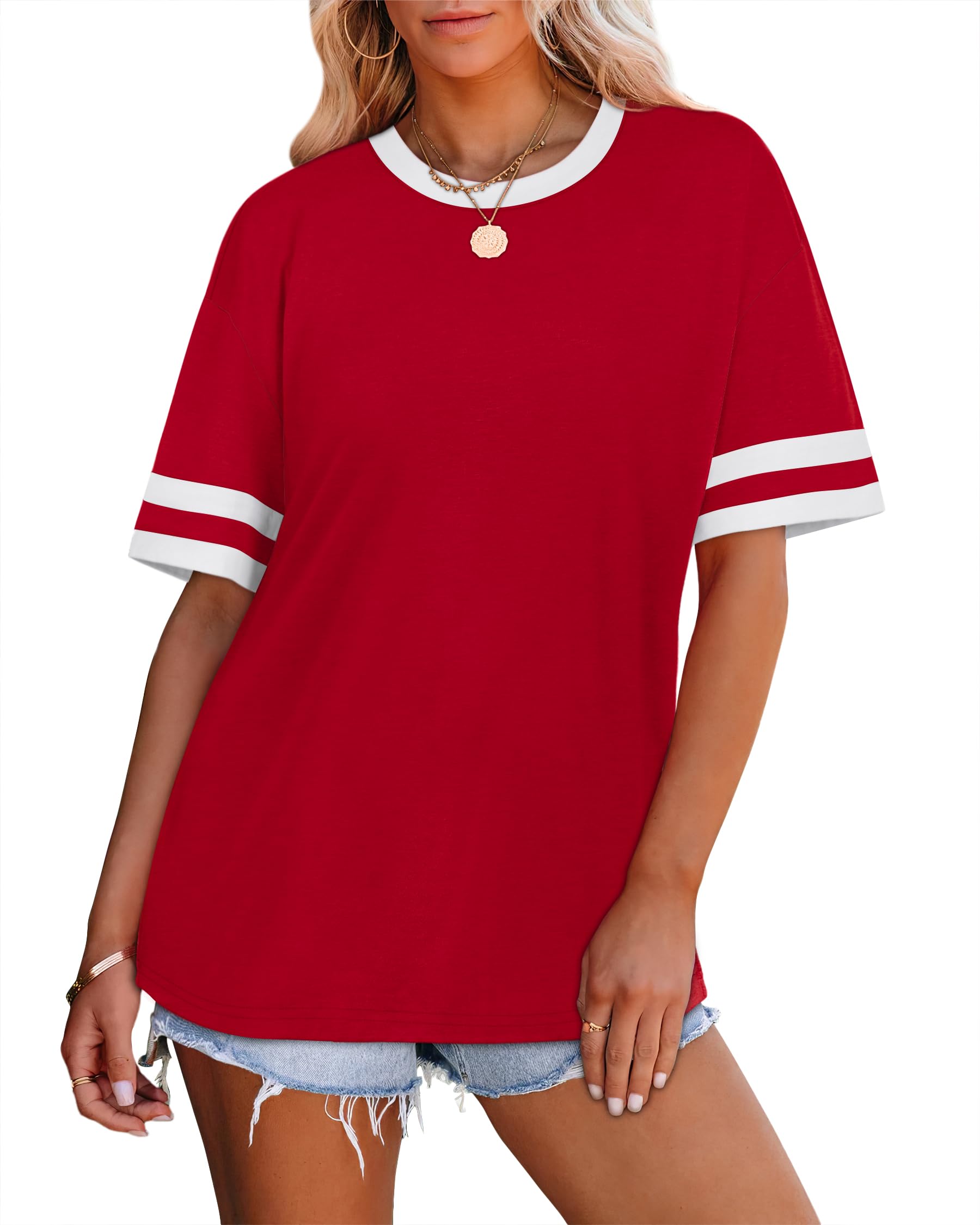 WIHOLL Plus Size Tops for Women T Shirts Crew Neck Summer Sports Style Color Block Sleeve Tee Plain Clothes Spring Outfits for Women Womens Clothing Plus Size Fashion Resort Wear Deep Red 2XL