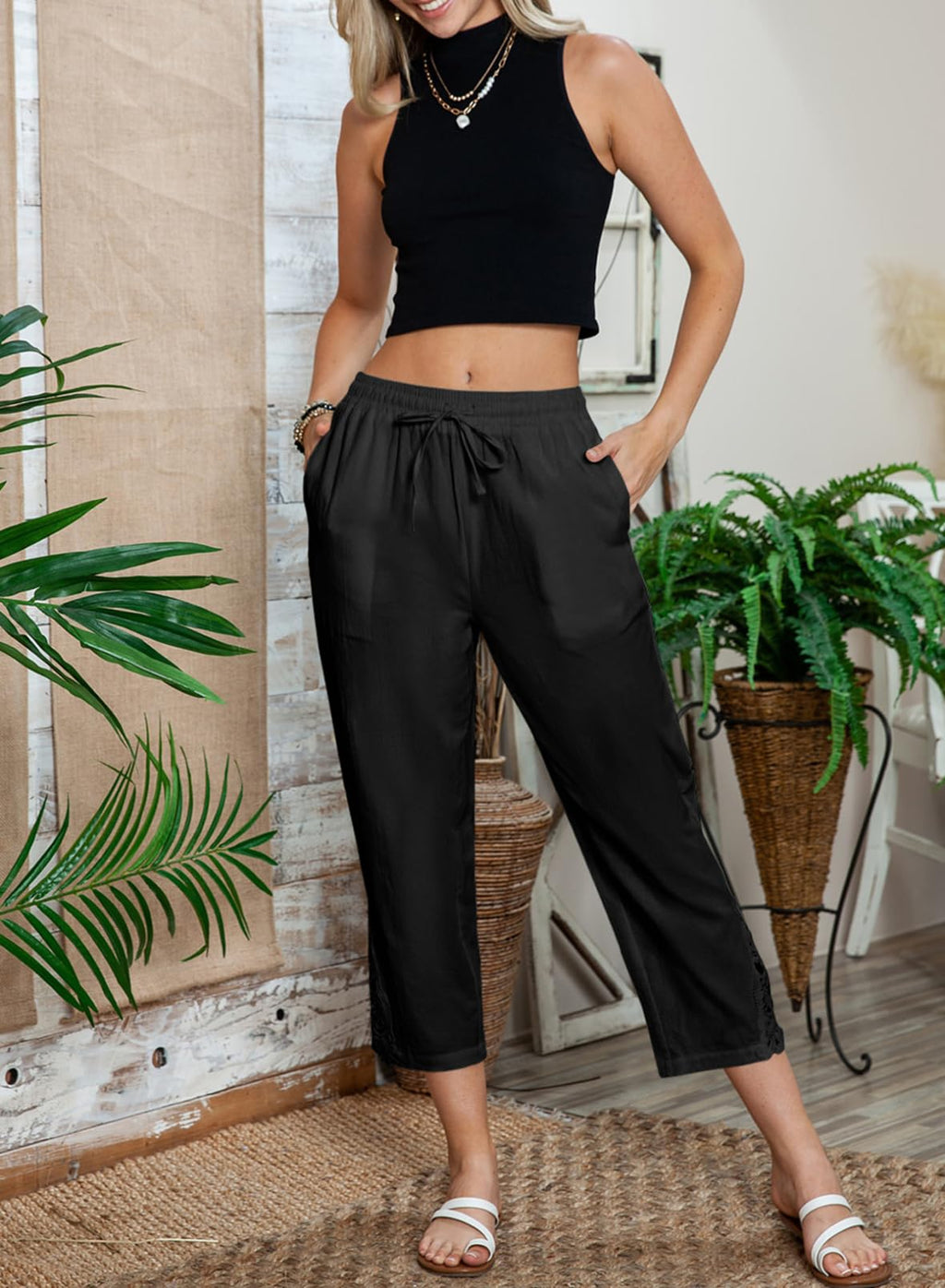 Acelitt Womens Casual Linen Pants Lightweight Drawstring Elastic Waist Fall Capri Pants Trousers Black Medium
