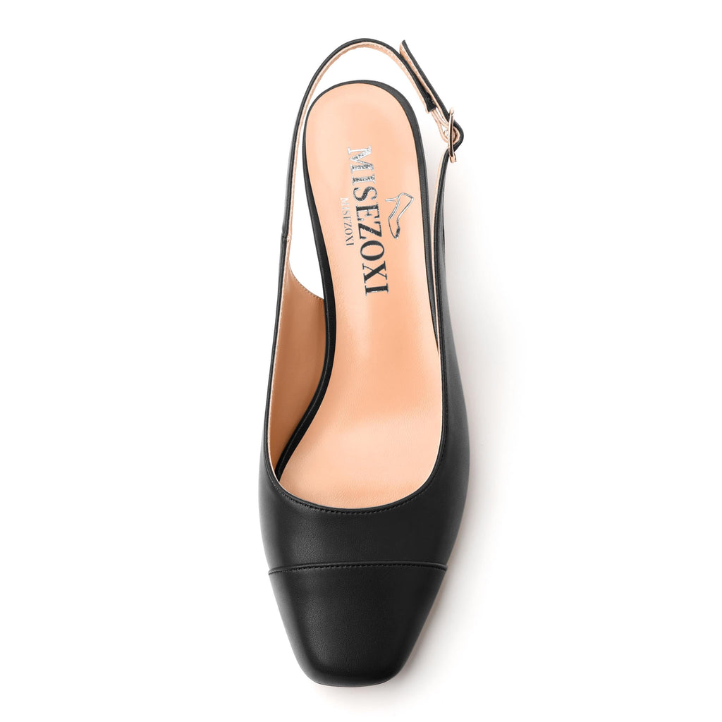 MISEZOXI Womens Sqaure Toe Block Heel Slingback Pumps Black Matte Size 5