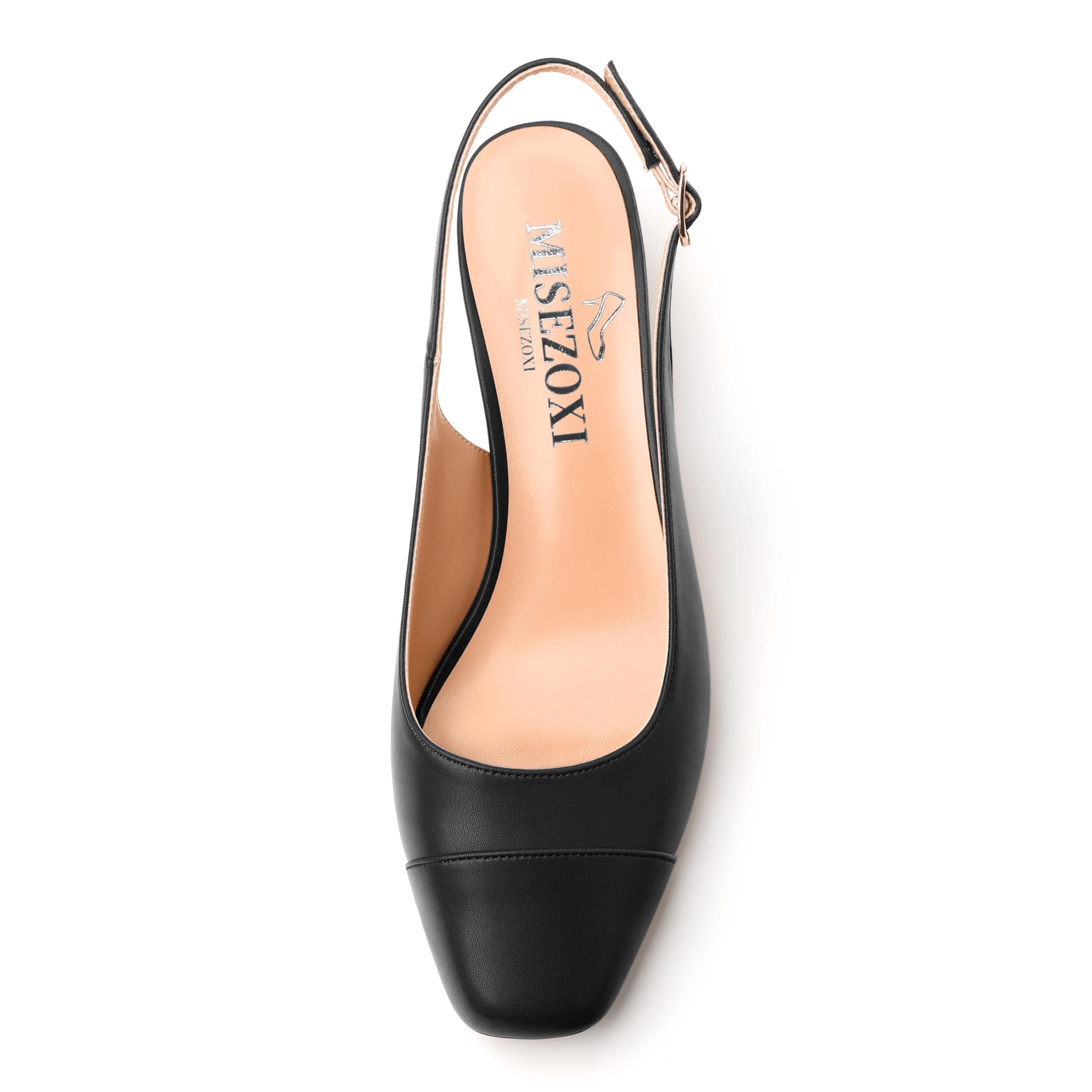 MISEZOXI Womens Sqaure Toe Block Heel Slingback Pumps Black Matte Size 5