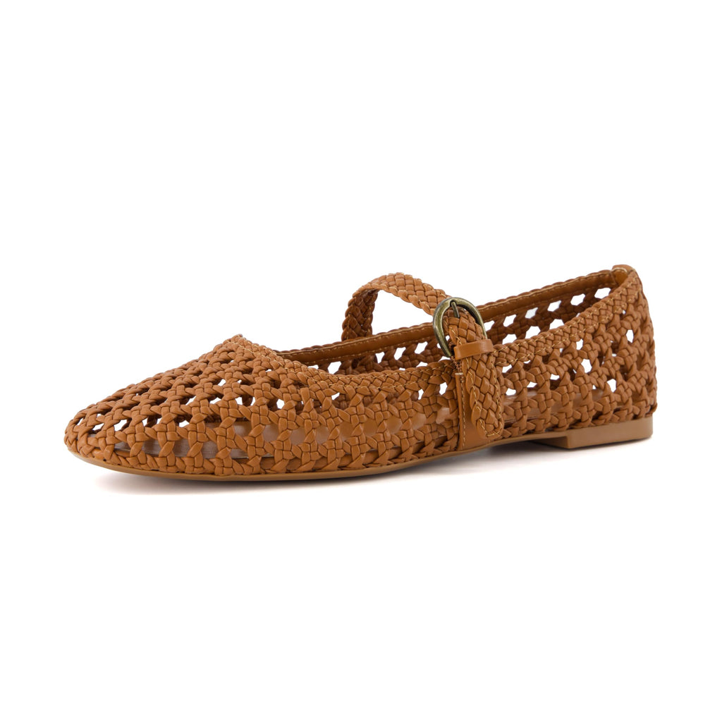CUSHIONAIRE Weston Hand Woven Mary Jane Flats for Women, Comfortable Dressy Ballet Flats with Braided Adjustable Buckle and Memory Foam Cushioning, Cognac 8