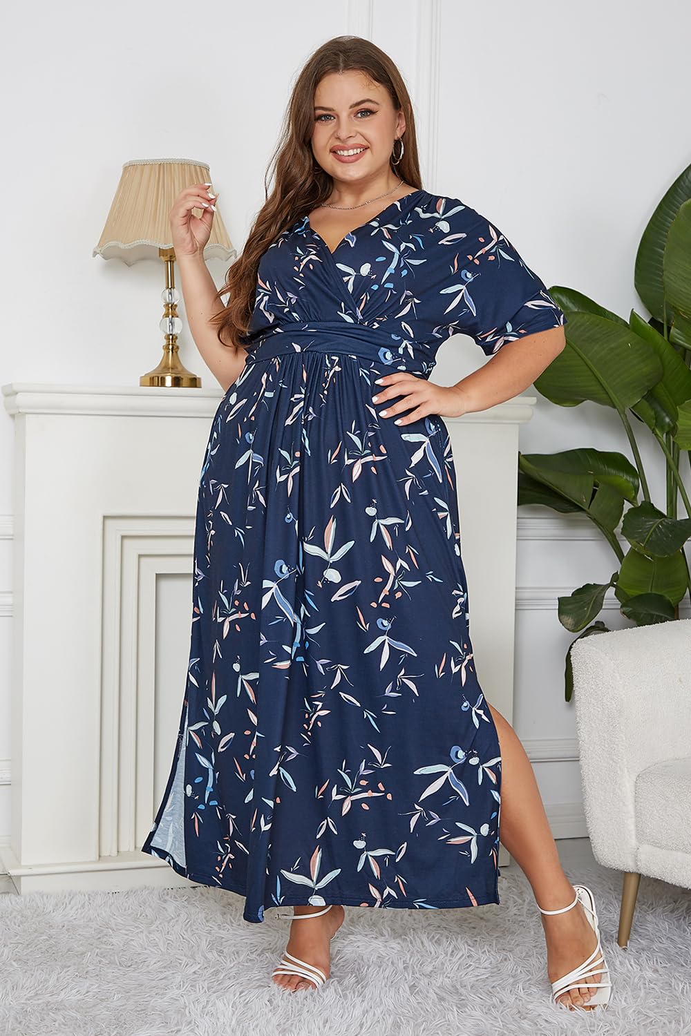Keluummi Plus Size Maxi Dress for Women Floral Empire Waist V-Neck 3/4 Sleeve with Pockets(18 Plus, 02 - Navy Blue Floral)