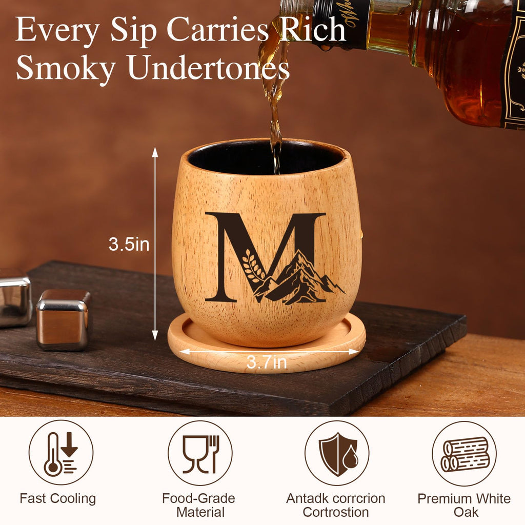 Gifts for Men – Personalized Wooden Whiskey Glass Set, 11oz Charred Oak Bourbon Glass with Coaster & Whiskey Stones, Unique Father’s Day, Anniversary & Birthday Gift for Dad, Husband(M)