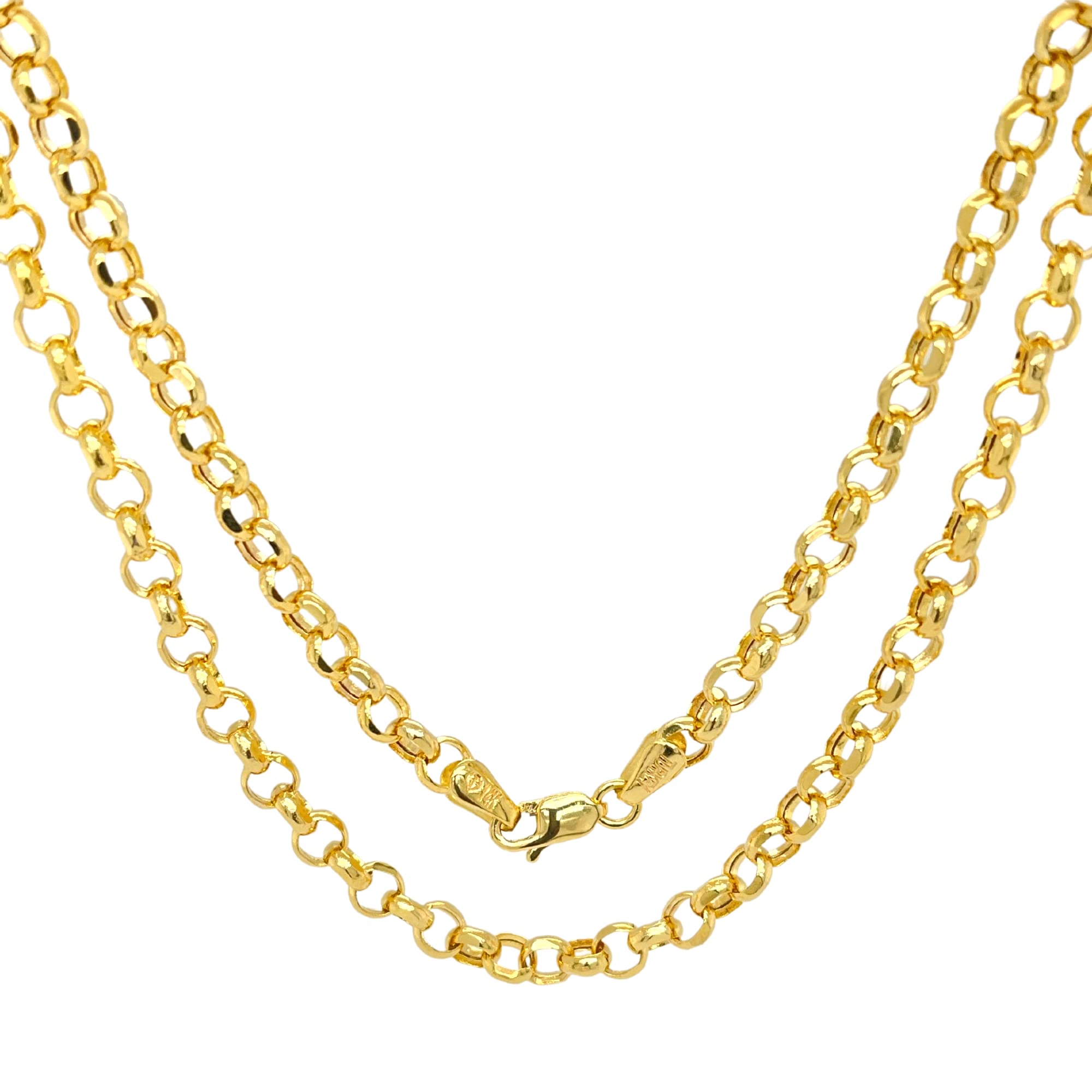 JEWELHEART 14K Yellow Real Gold Rolo Chain 2.5mm Diamond Cut Trendy Round Link Chain Pendant Necklace For Women with Lobster Clasp 22"
