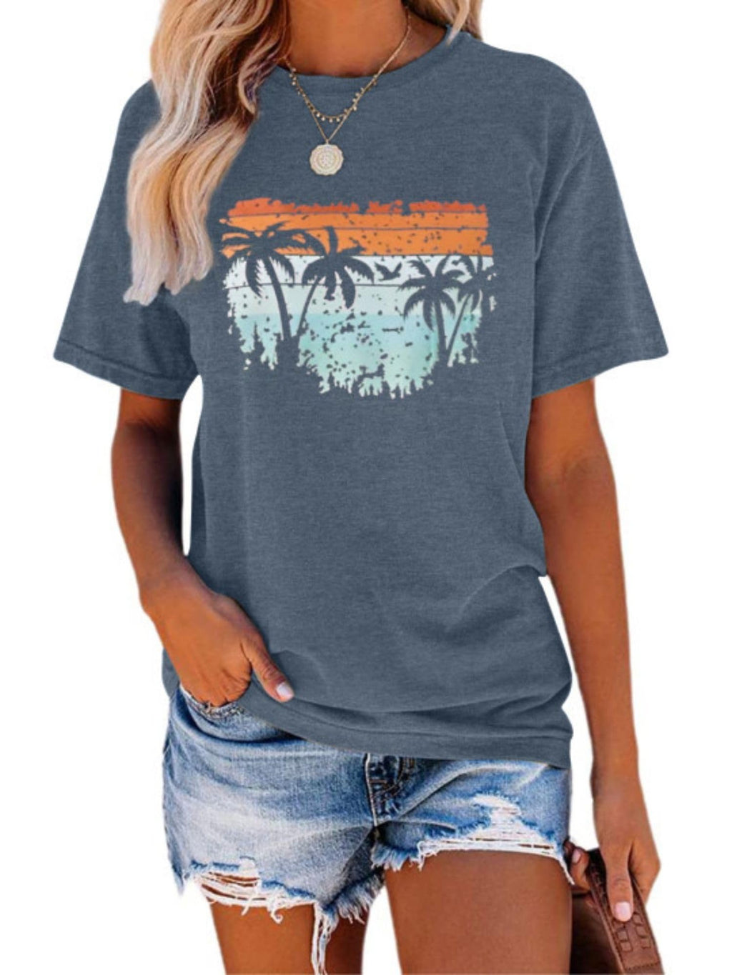 TAKEYAL Graphic Tees for Women Map Count Tree Print Short Sleeve T Shirts Summer Casual Tee Beach Vacation Top (Blue Gray, M)