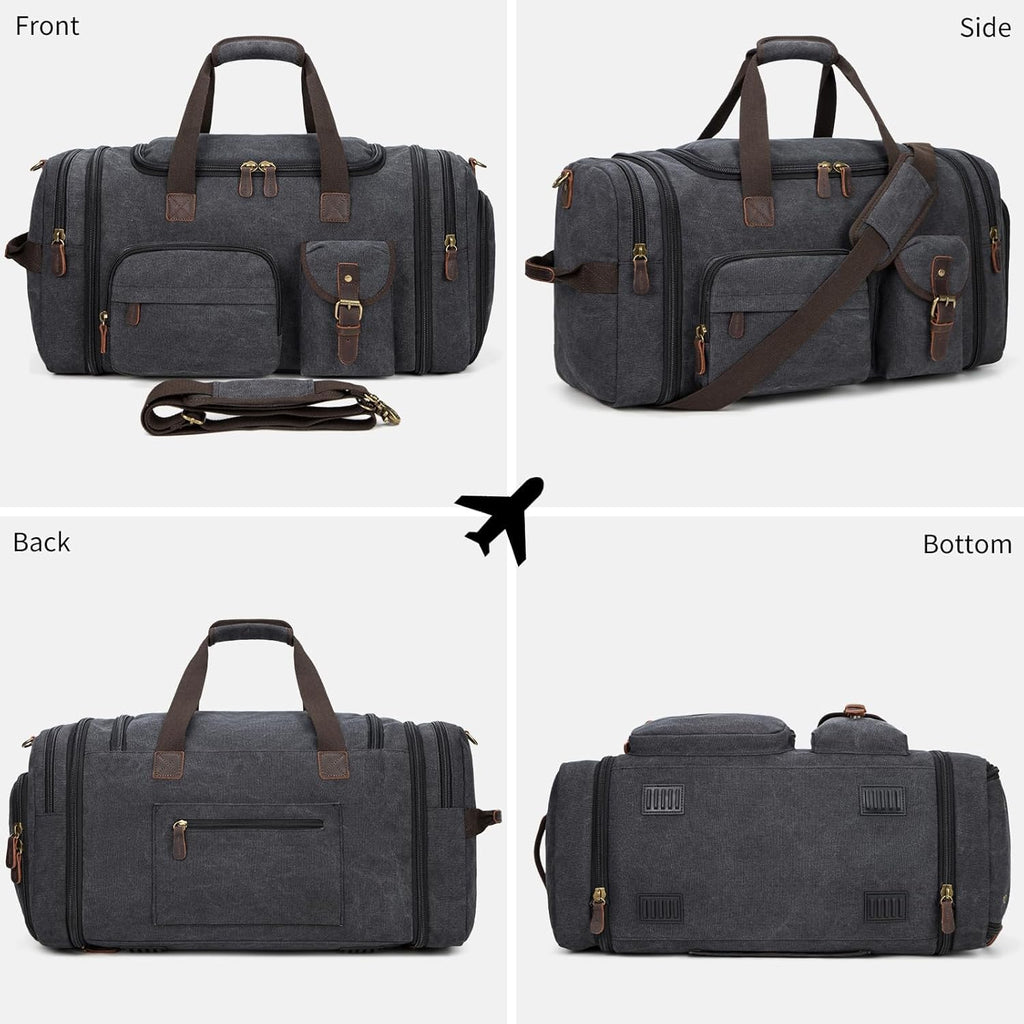 Mens Duffle Bag for Travel 60L Expandable Canvas Weekender Overnight Travel Duffel Bag with Shoe Compartment Carry-On for Airplanes Dark Gray
