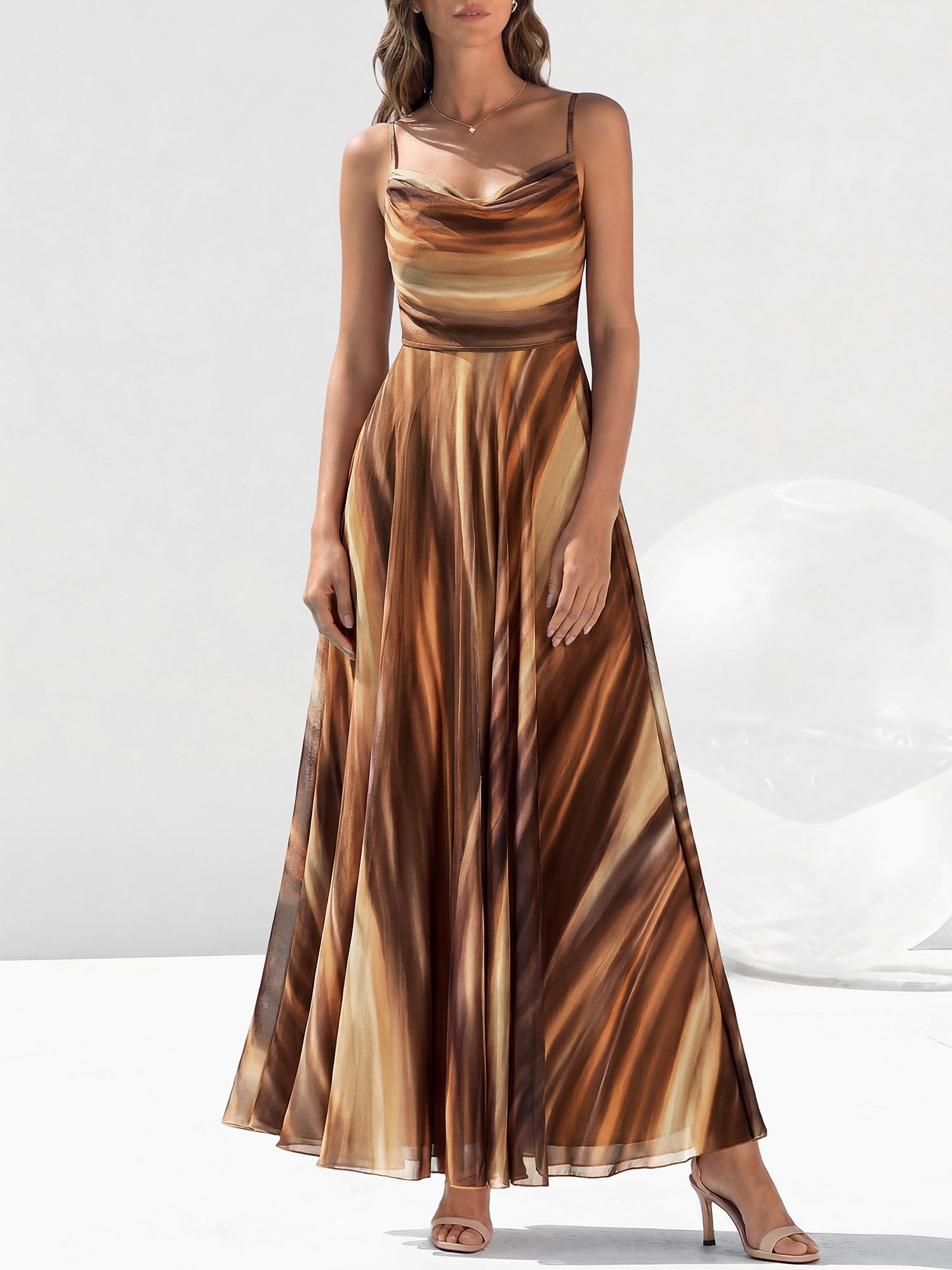 BTFBM Women Summer Floral Maxi Dresses Elegant Spaghetti Strap Dress Printed Party Dress Beach Long Dresses(Floral Brown,X-Large)
