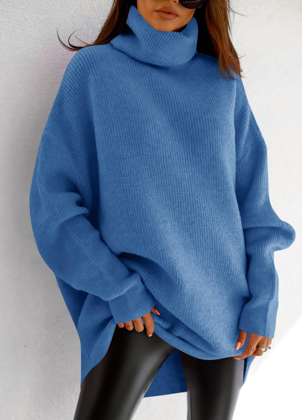 imesrun Womens Turtleneck Oversized Sweater Batwing Chunky Pullover Sweater Casual Fall Loose Knit Jumper Top Blue