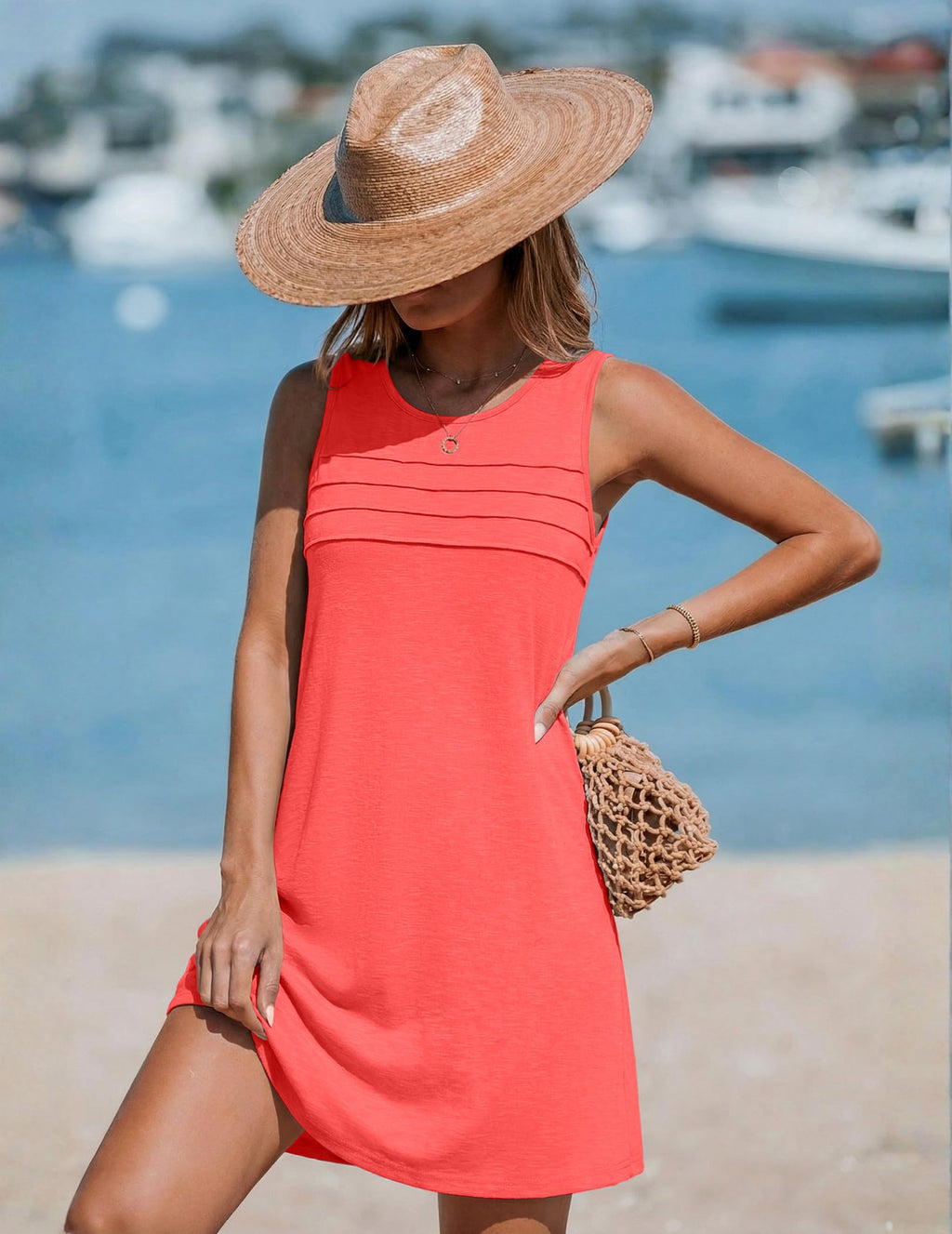 Ekouaer Womens Swimsuit Cover Up Pleated Front Bathing Suit Coverups 2026 Casual Tank Beach Dress with Pockets S-2XL Orange Pink