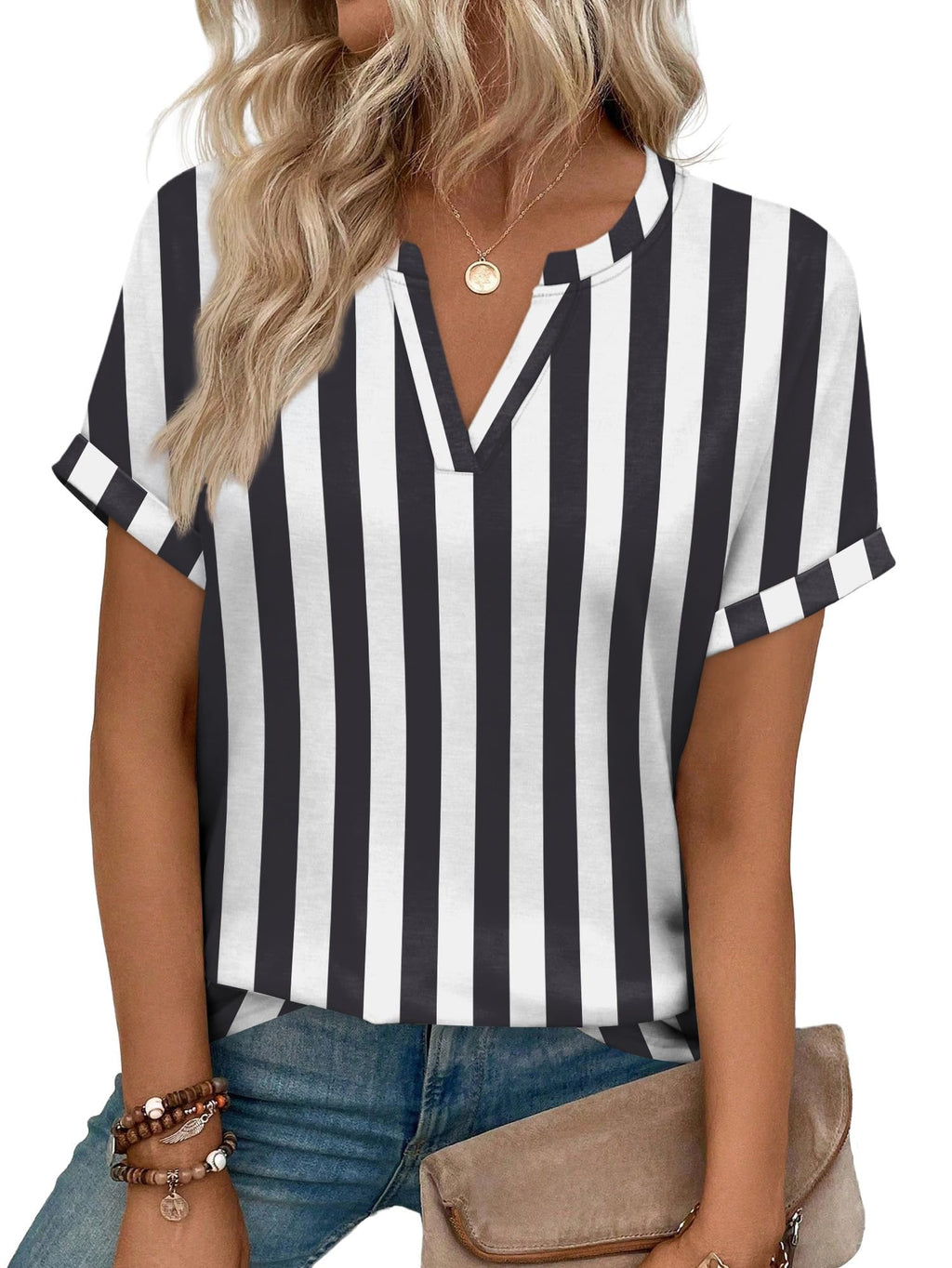 WIHOLL Womens Blouses Spring Tops Short Sleeve Shirts Dressy Casual Summer Vacation Fashion Clothing 2026 Black White Stripe S