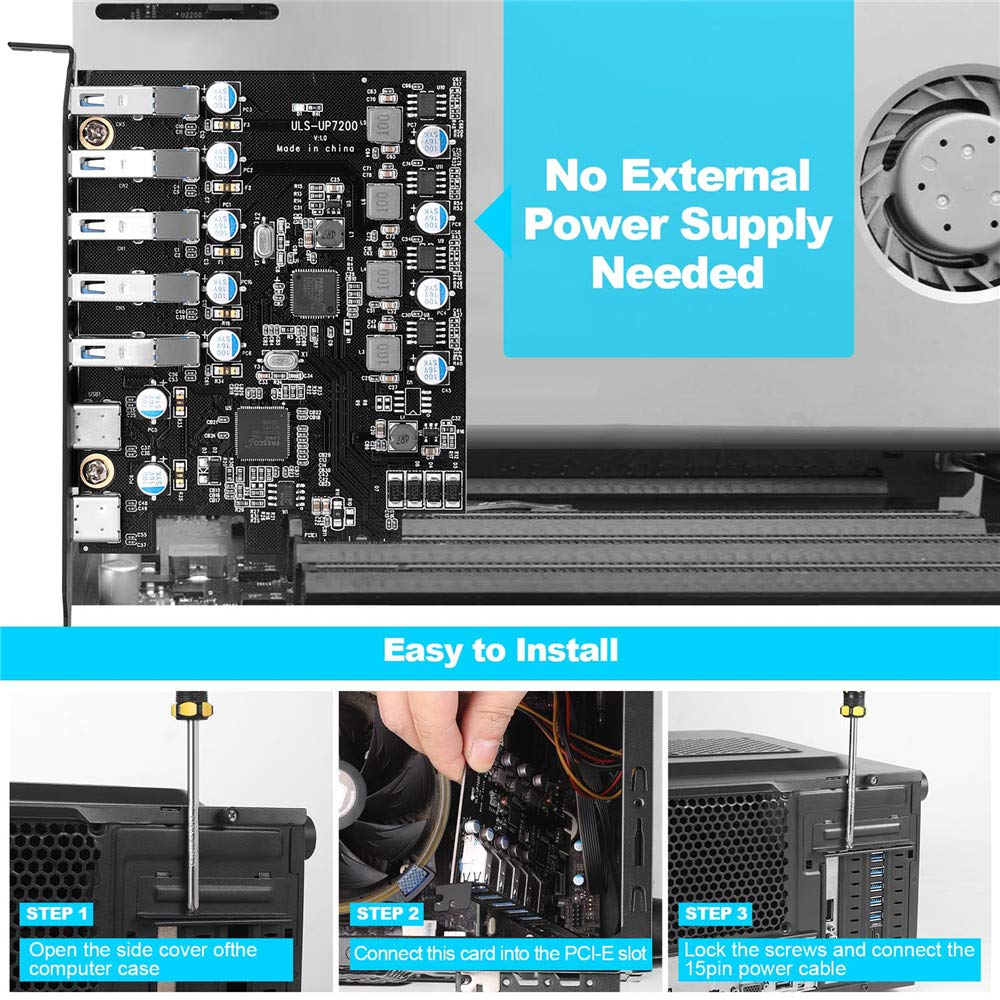 YEELIYA PCIE USB 3.0 Expansion Card 7 Ports (5X Type-A and 2 USB C) PCIe Card Super Speed PCI Express USB3 Hub Controller Adapter for Windows 11/10/8/7/XP and MAC OS/Linux