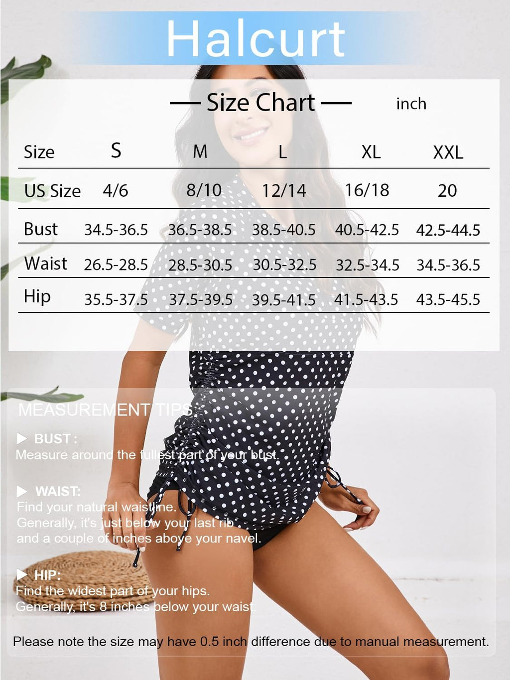 Halcurt Women's Short Sleeve Rash Guard Swim Shirt with Bra Half Zip Tie Drawstring UPF50+ Swimsuit Top Black Palka Dots 2XL