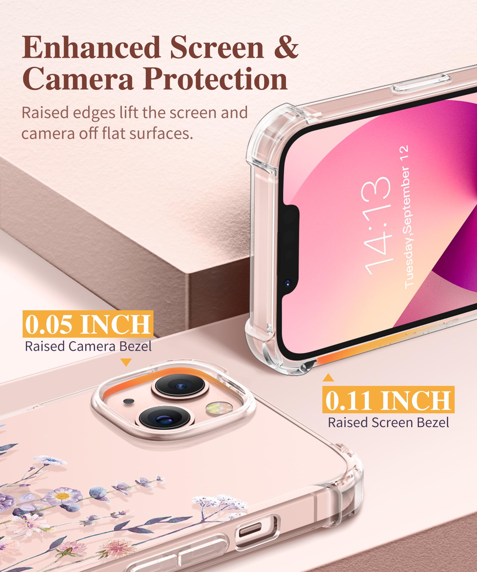GVIEWIN for iPhone 13 Case Floral, with Screen Protector&Camera Lens Protector,[Non Yellowing] Soft Shockproof Clear Phone Protective Cover for Women, Flower Pattern Design 6.1", Floratopia/Colorful
