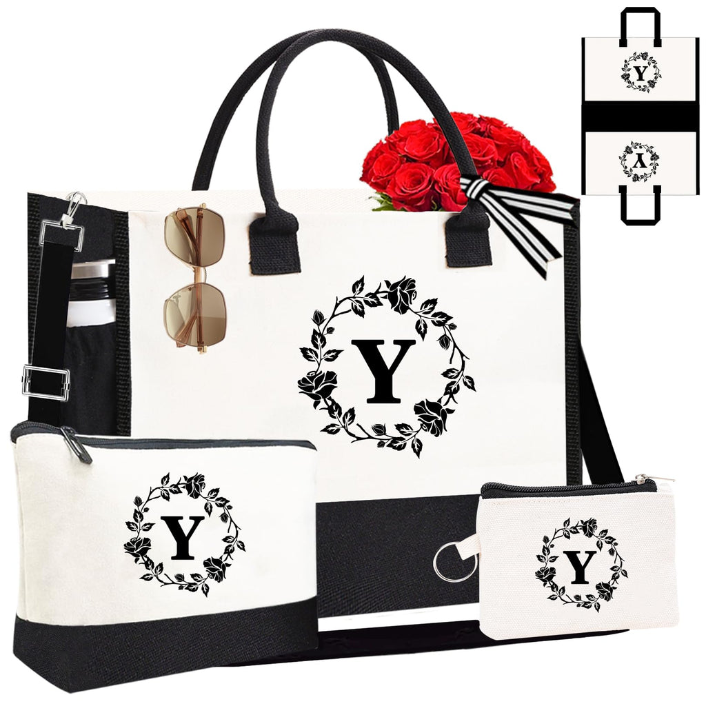 Adoryoung Monogram Personalized Initial Canvas Tote Bags for Women, Double-sided Embroidery Tote Beach Bags Gifts for Women (Y)