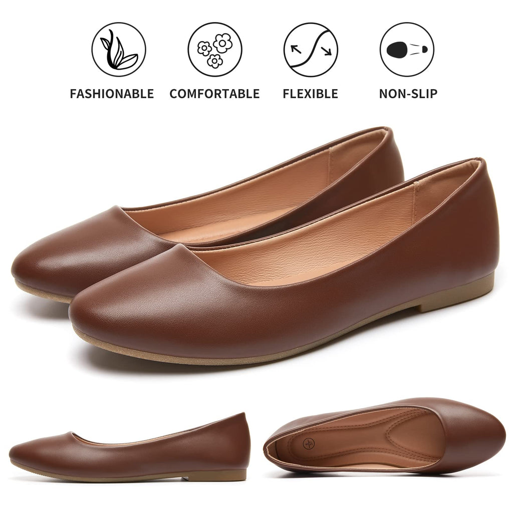 hash bubbie Women's Flats Shoes Ballet Flats Dress Shoes Comfortable PU Leather Slip on Shoes for Women(Brown.US6)