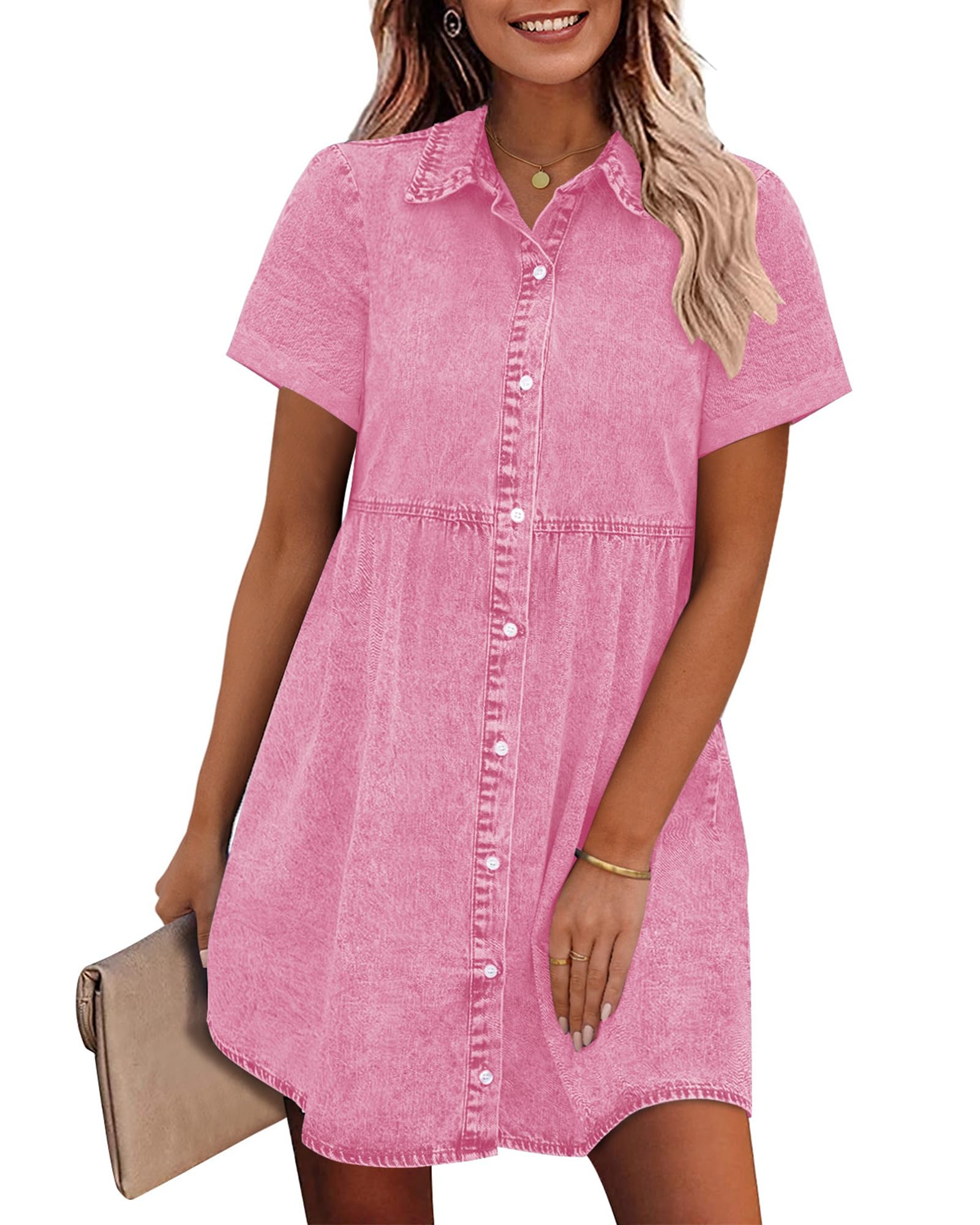 GRAPENT Women's Jean Dresses for Women Blue Jean Dresses for Women Casual Denim Dress for Summer Shirt Denim Dress for Beach Summer Dresses for Spring Fall Aurora Pink Large Size 12 Size 14