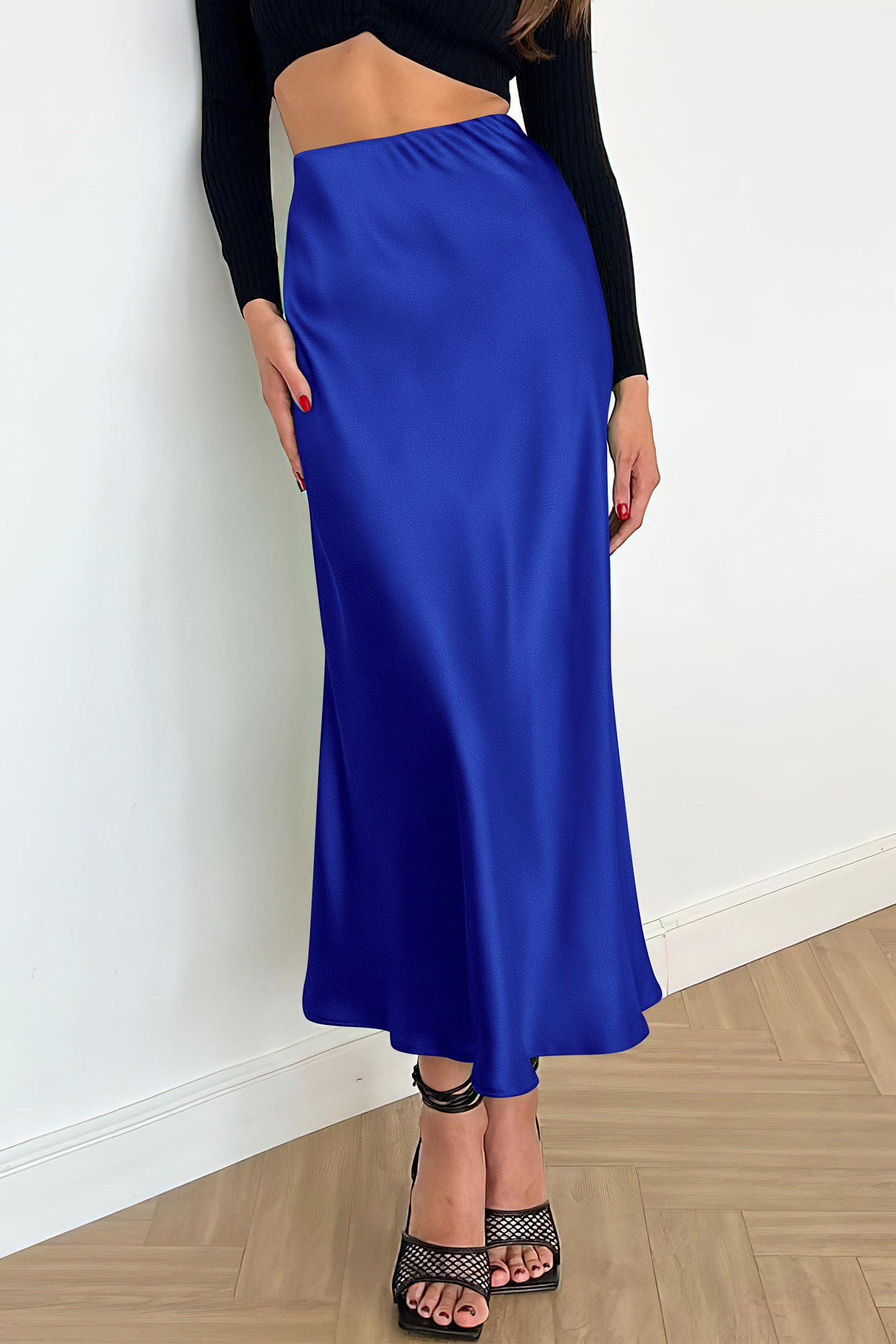 PRETTYGARDEN Women's Satin Skirts Dressy Casual 2025 Fall High Waisted Cocktail Wedding Flowy Elegant A Line Midi Skirt (Royal Blue,X-Large)