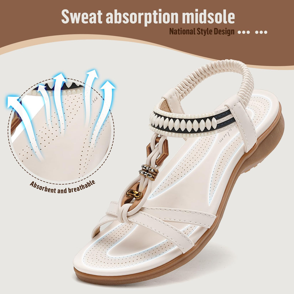 Littleplum Womens Flat Sandals Arch Support Summer Beach Sandals Comfort Walking Shoes Dress Ankle Elastic Bohemian Sandals for Women White Size 8.5