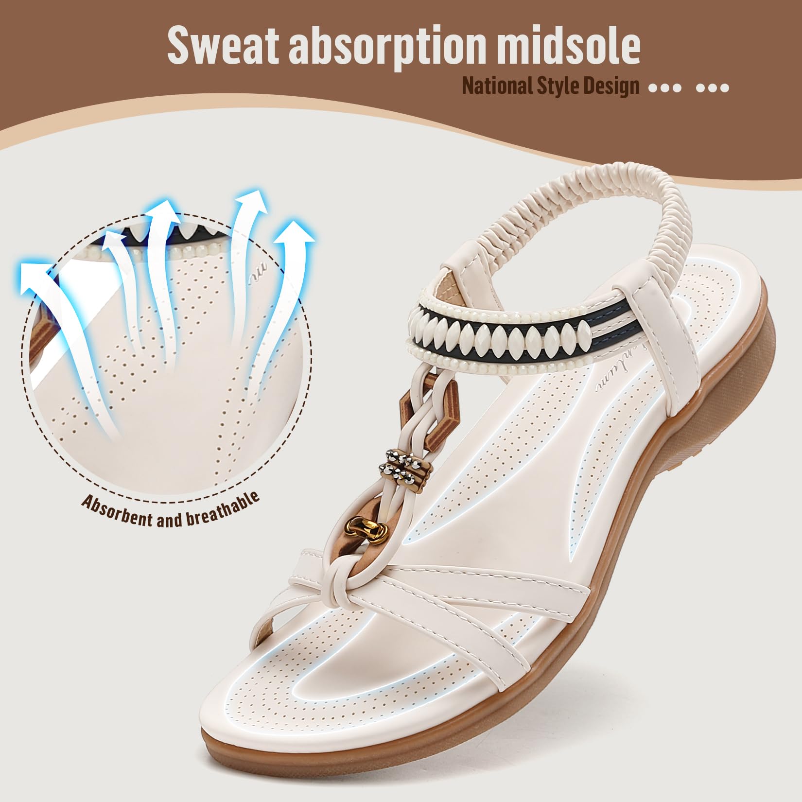 Littleplum Womens Flat Sandals Arch Support Summer Beach Sandals Comfort Walking Shoes Dress Ankle Elastic Bohemian Sandals for Women White Size 8.5