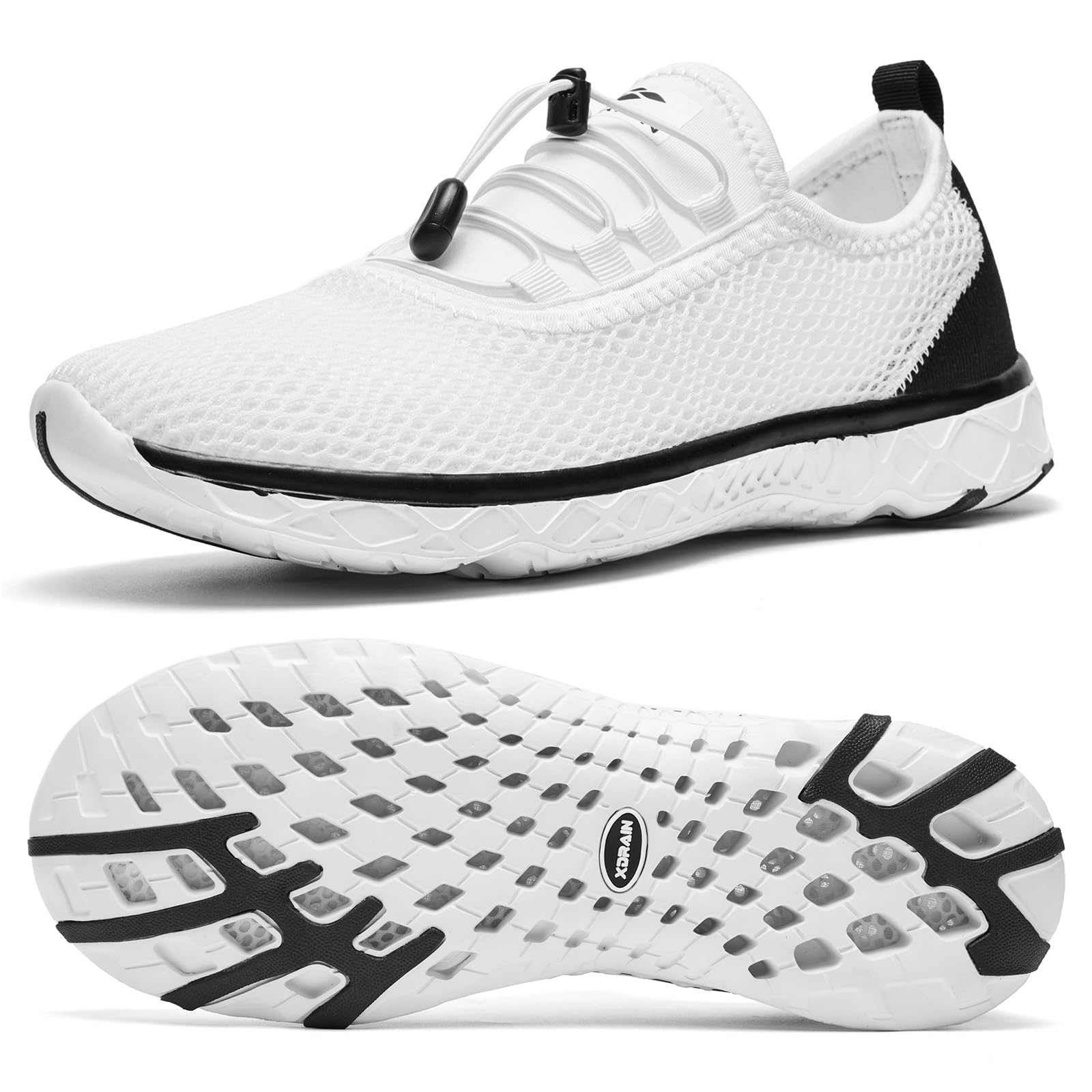 ALEADER Stylish Mens Water Shoes, Xdrain Water Sneakers, Quick-Dry Beach Aqua Hiking Pool Swim Shoes White/Black Size 10.5