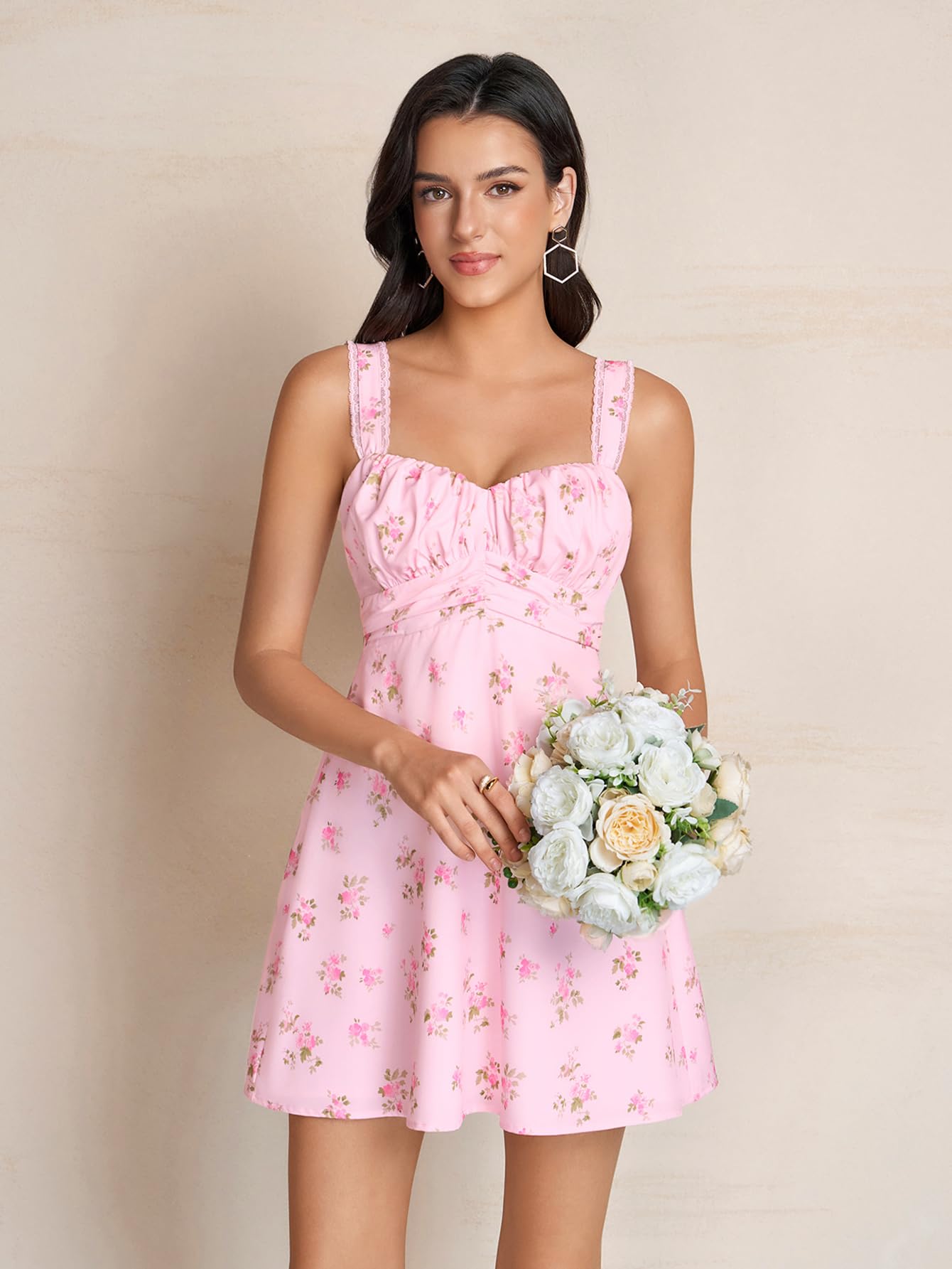 KUTUMAI Cute Bow Tie Mini Dress Lace Floral Corset Short Graduation Dresses for Women 2026 Summer PinkFloral XS