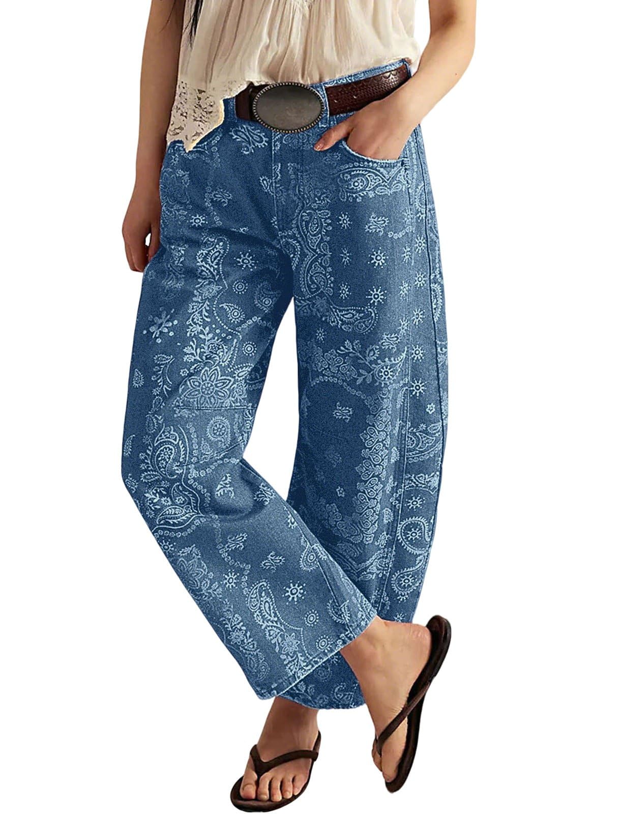 loveimgs Women Boyfriend Baggy Barrel Jeans Floral Print Denim Ankle Pants Wide Leg Mid Rise Jeans Sweatpants Y2k Patchwork (X-Small,Blue)