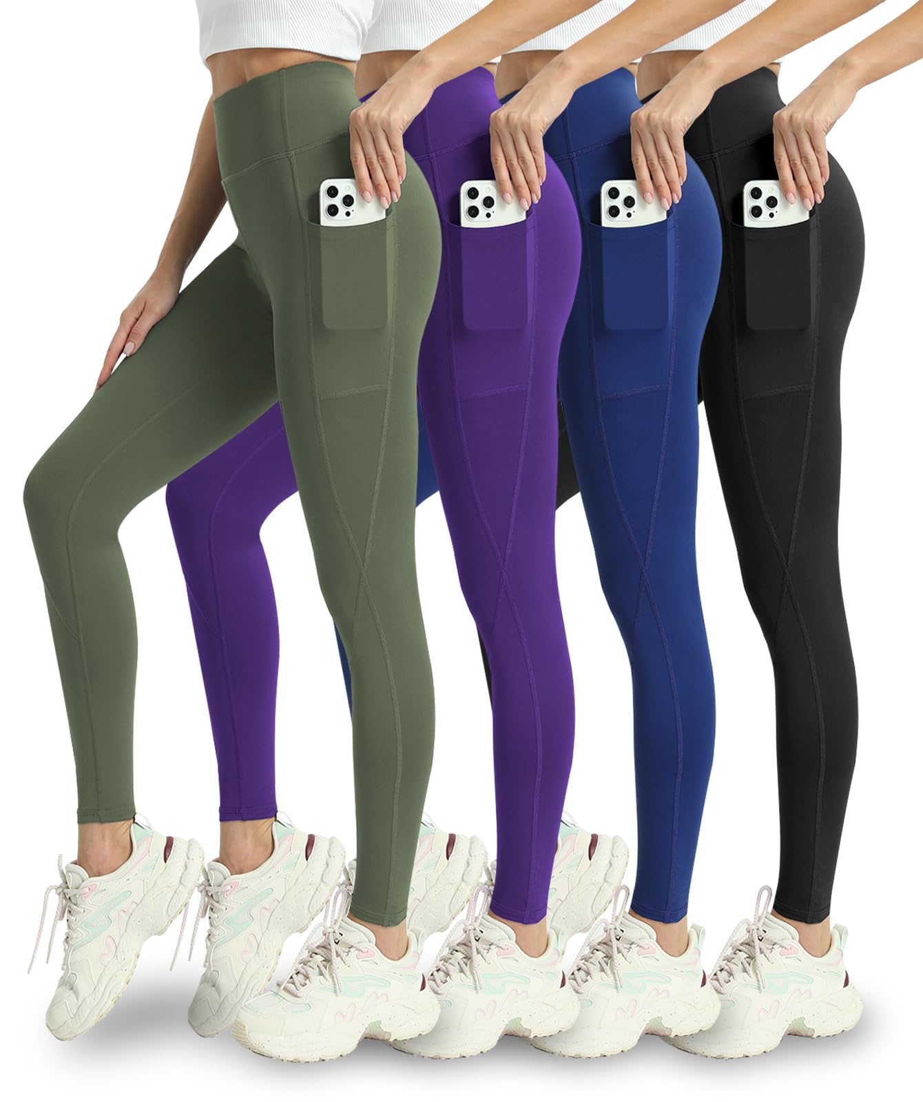 Mlenhor 4 Pack Leggings with Pockets for Women - High Waisted Tummy Control Workout Yoga Pants (US, Alpha, Large, Regular, Regular, 4 Pack-Green/Purple/Blue/Black)