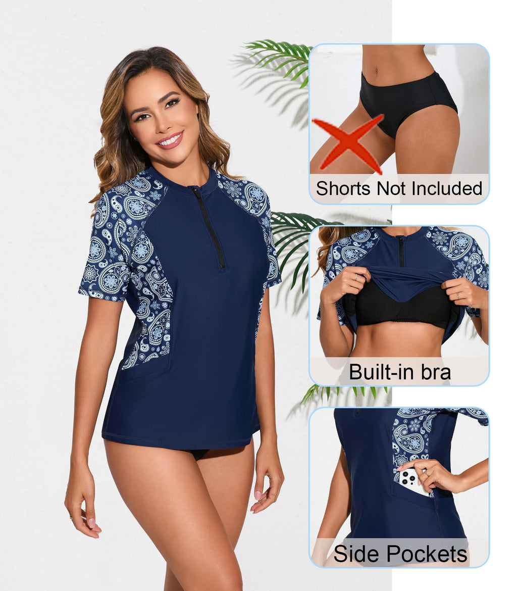 Halcurt Women's Half Zip Short Sleeve Rash Guard Top with Bra Side Pockets Swim Shirts UPF50+ Swimsuit Navy Paisley M