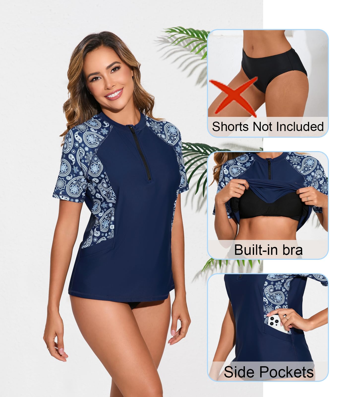 Halcurt Women's Half Zip Short Sleeve Rash Guard Top with Bra Side Pockets Swim Shirts UPF50+ Swimsuit Navy Paisley M