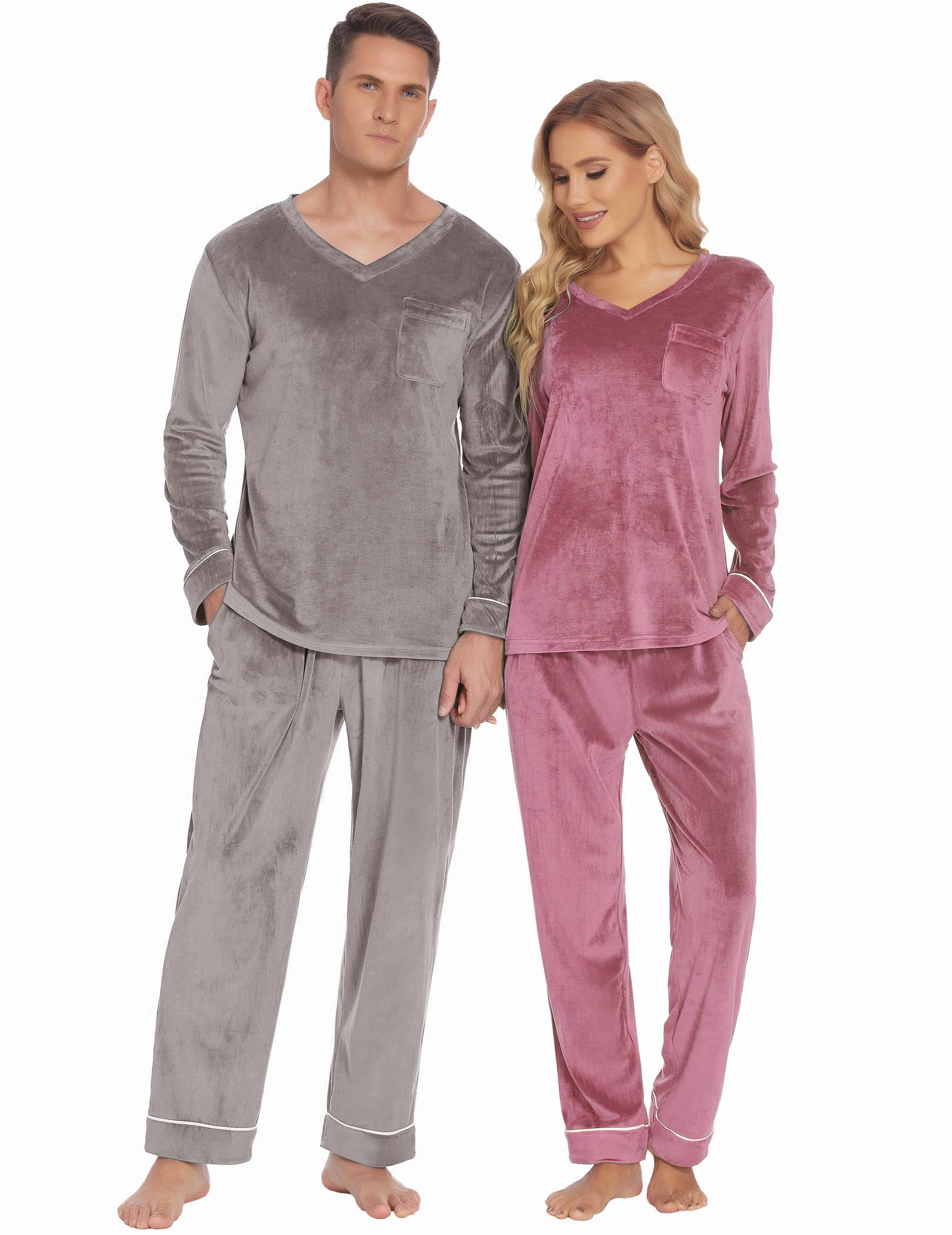 Ekouaer Couples Matching Pajamas Sets Velvet PJs Set for Men and Women Velour Long Sleeve Sleepwear S-XXL Pink