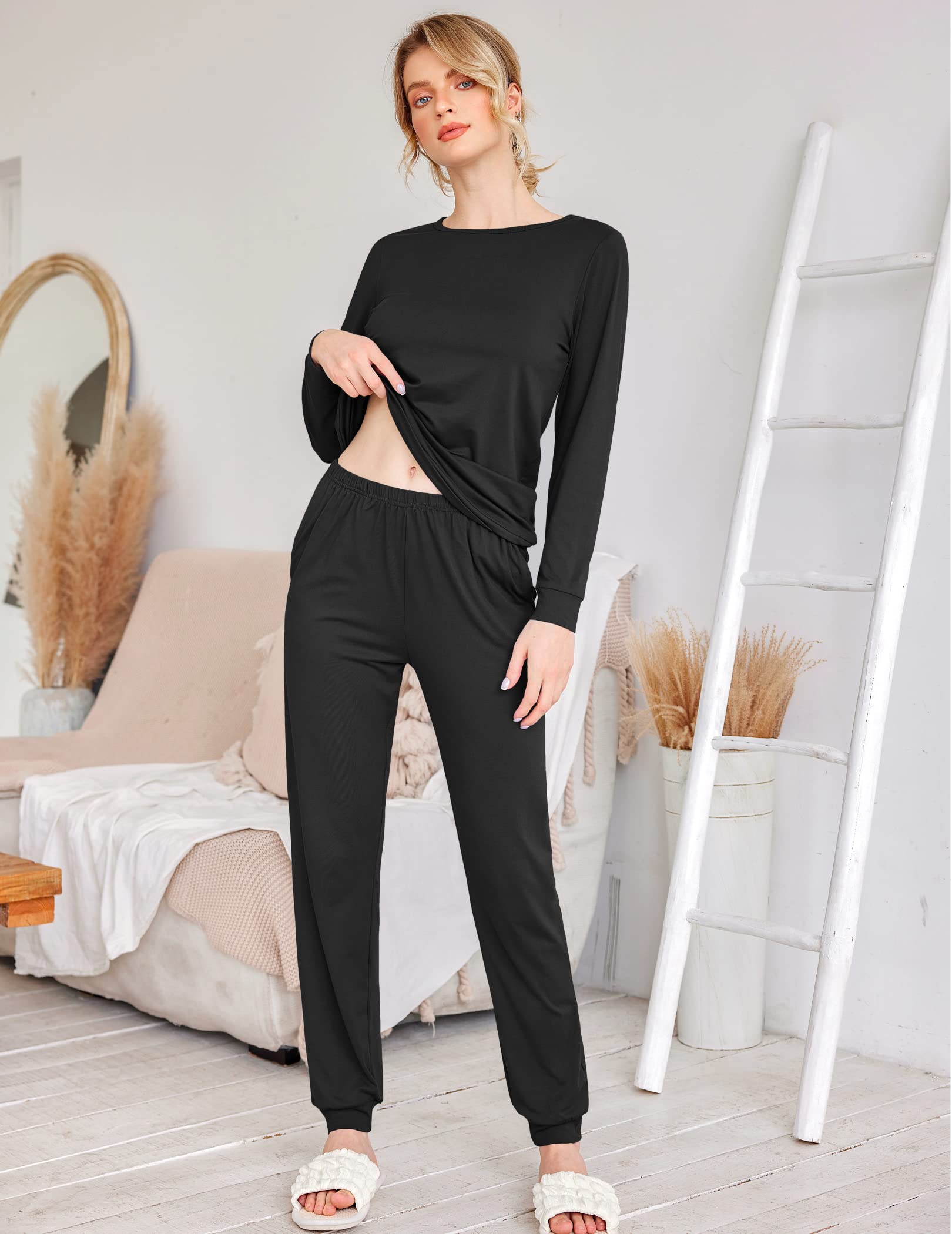 Ekouaer 2 Pack Women's Pajama Set Long Sleeve Top with Jogger Pants Lounge Sets Sleepwear Loungewear with Pockets Blue Green&Black Medium
