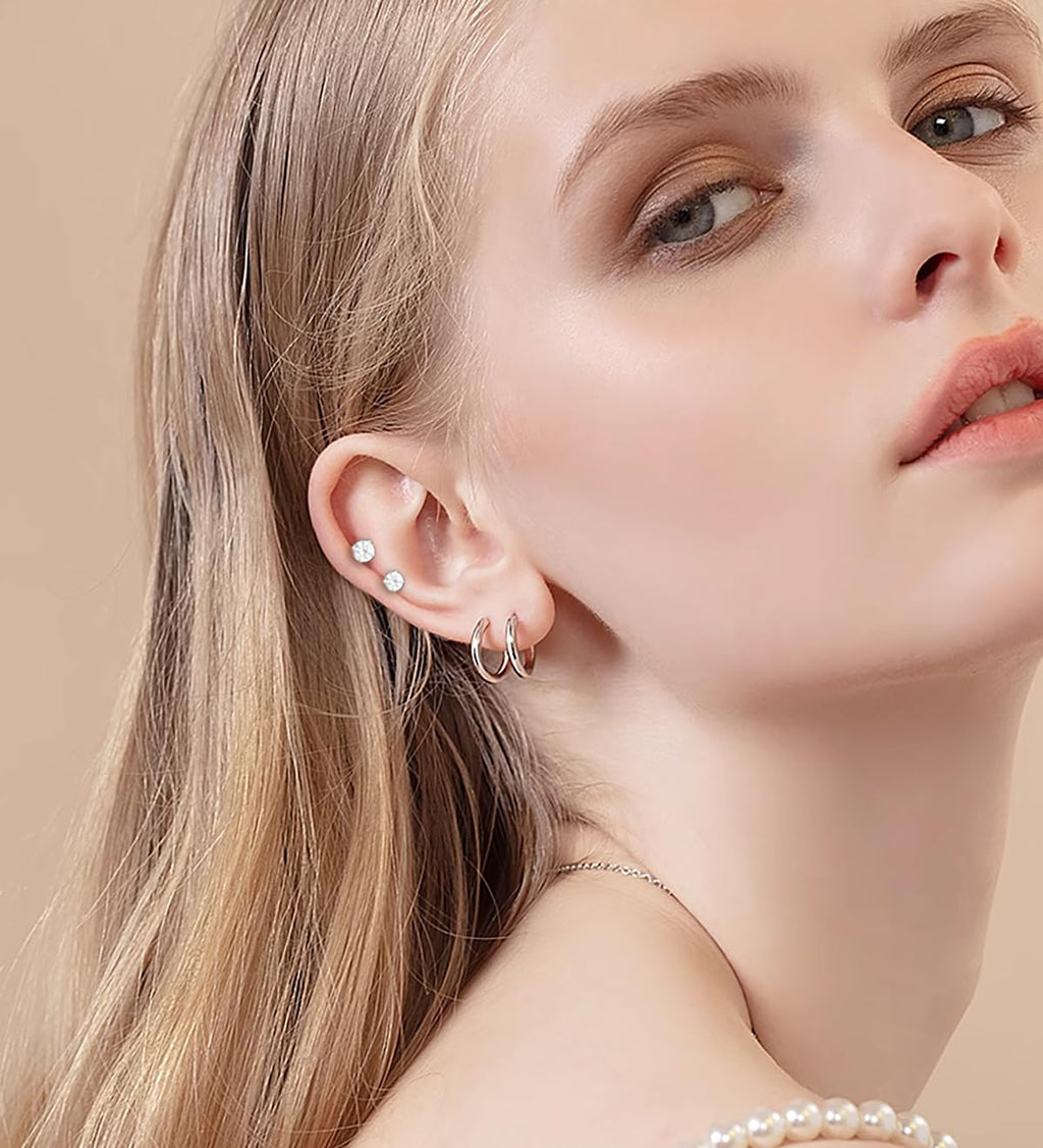 Hypoallergenic Flat Back Earring Sets for Multiple Piercing Sterling Silver Small Huggie Hoop Earrings for Women Surgical Stainless Steel FlatBack Silver Stud Earrings Trendy Cartilage Earring Stacks