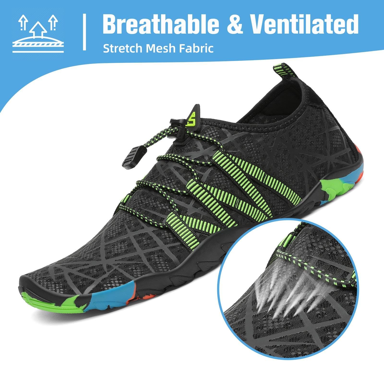 Mishansha Water Shoes for Women Men, Quick-Dry Barefoot Swim Shoes with Drainage Holes, Lightweight Aqua Shoe for Beach Pool River Boating Yoga Walking 11.5 Women/10 Men Eerie Black