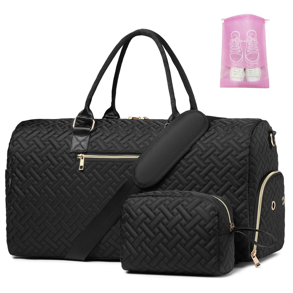 Duffle Bag for Travel, Weekender Bag with Shoe Compartment, Carry On Overnight Bag for Women with Toiletry Bag, 50L Gym Bag with Wet Pocket, Hospital Bags for Labor and Delivery Black Gold