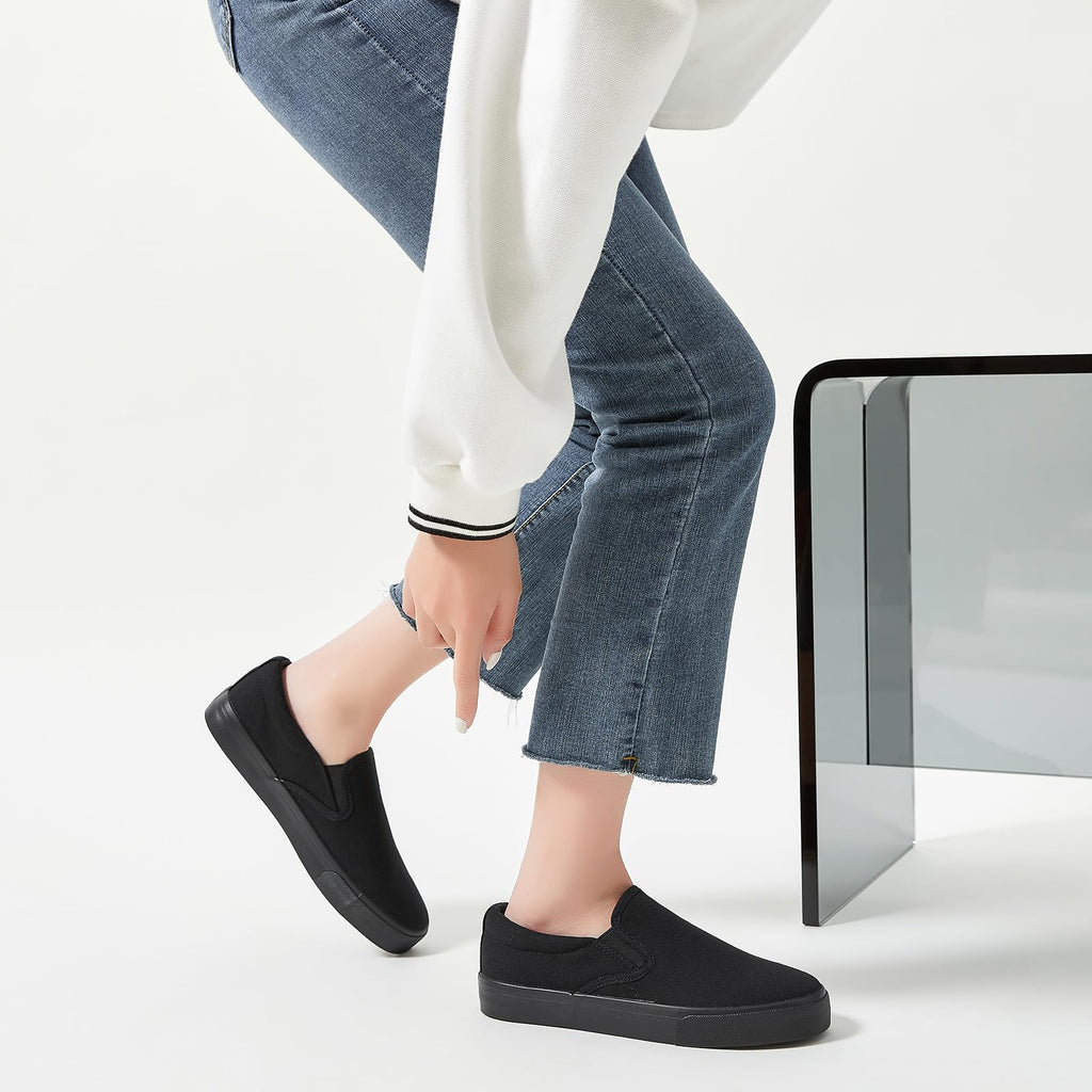 Women's Canvas Slip On Shoes Fashion Sneakers Flats Shoes White Canvas Shoes(Full Black.US8)