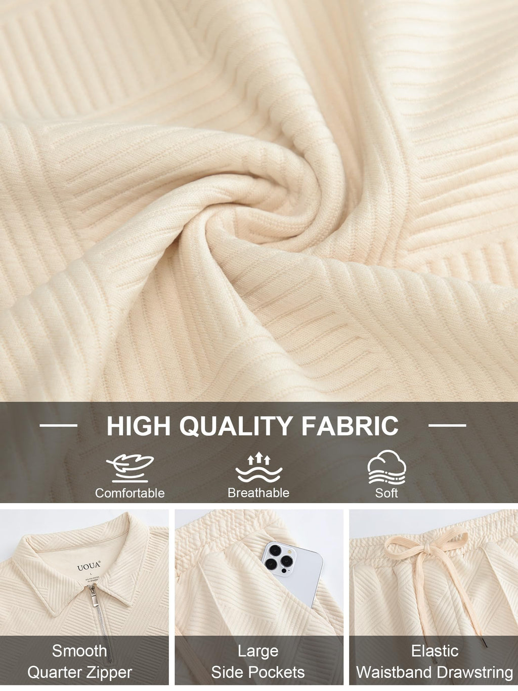 UOUA Mens Track Suits 2 Piece Sets Short Sleeve Sweatsuit Outfits Casual Quarter Zip Golf Polo Shirts & Summer Jogger Shorts Loungewear Outdoor Beige XL