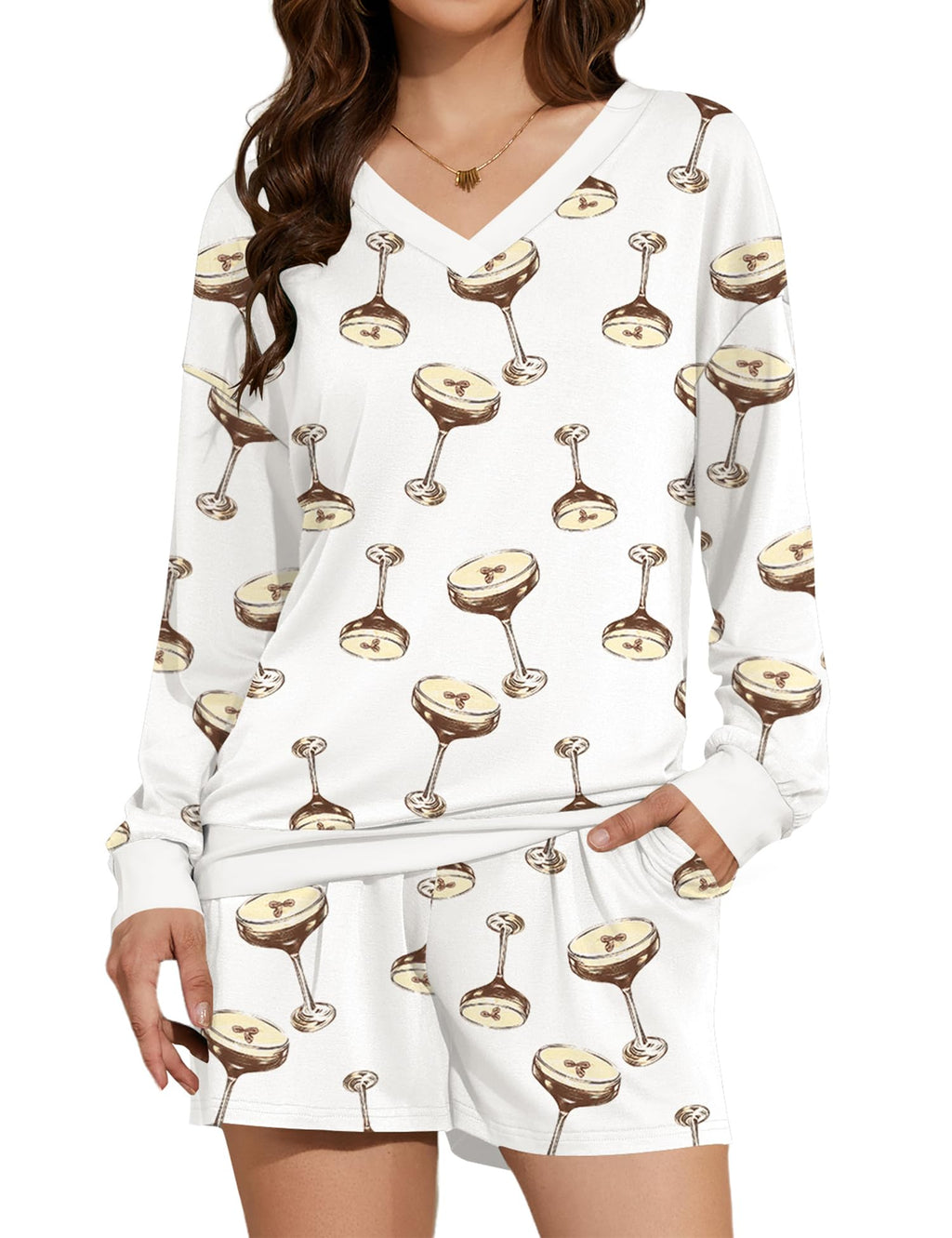 AKEWEI 2 Piece Loungewear for Womens V Neck Long Sleeve Top and Shorts with Pockets Sets Comfy Lounge Pajamas