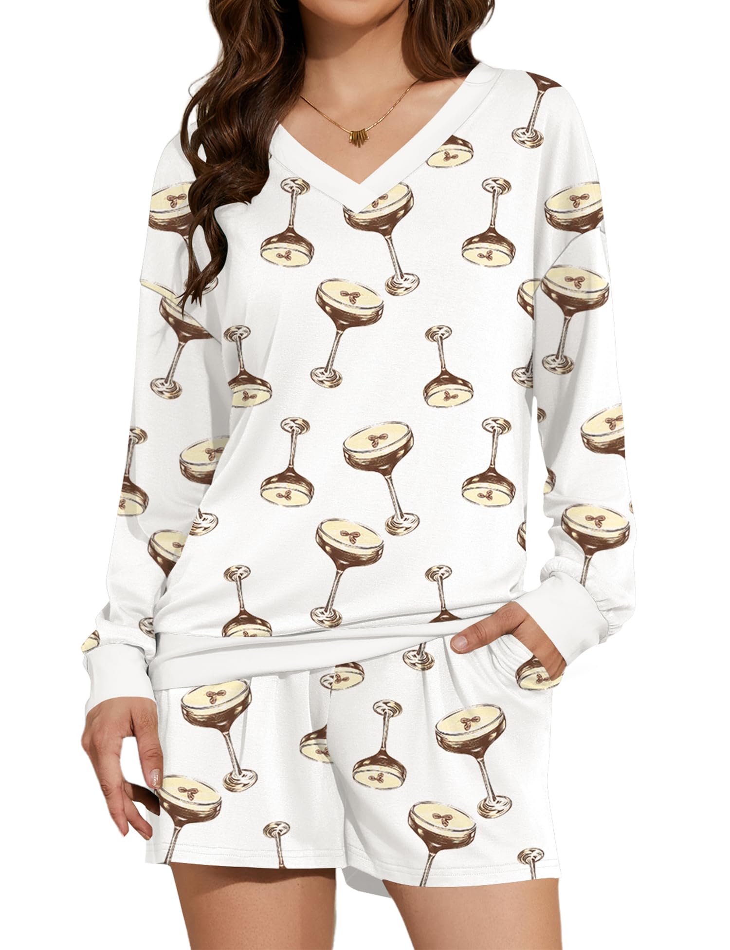 AKEWEI 2 Piece Loungewear for Womens V Neck Long Sleeve Top and Shorts with Pockets Sets Comfy Lounge Pajamas