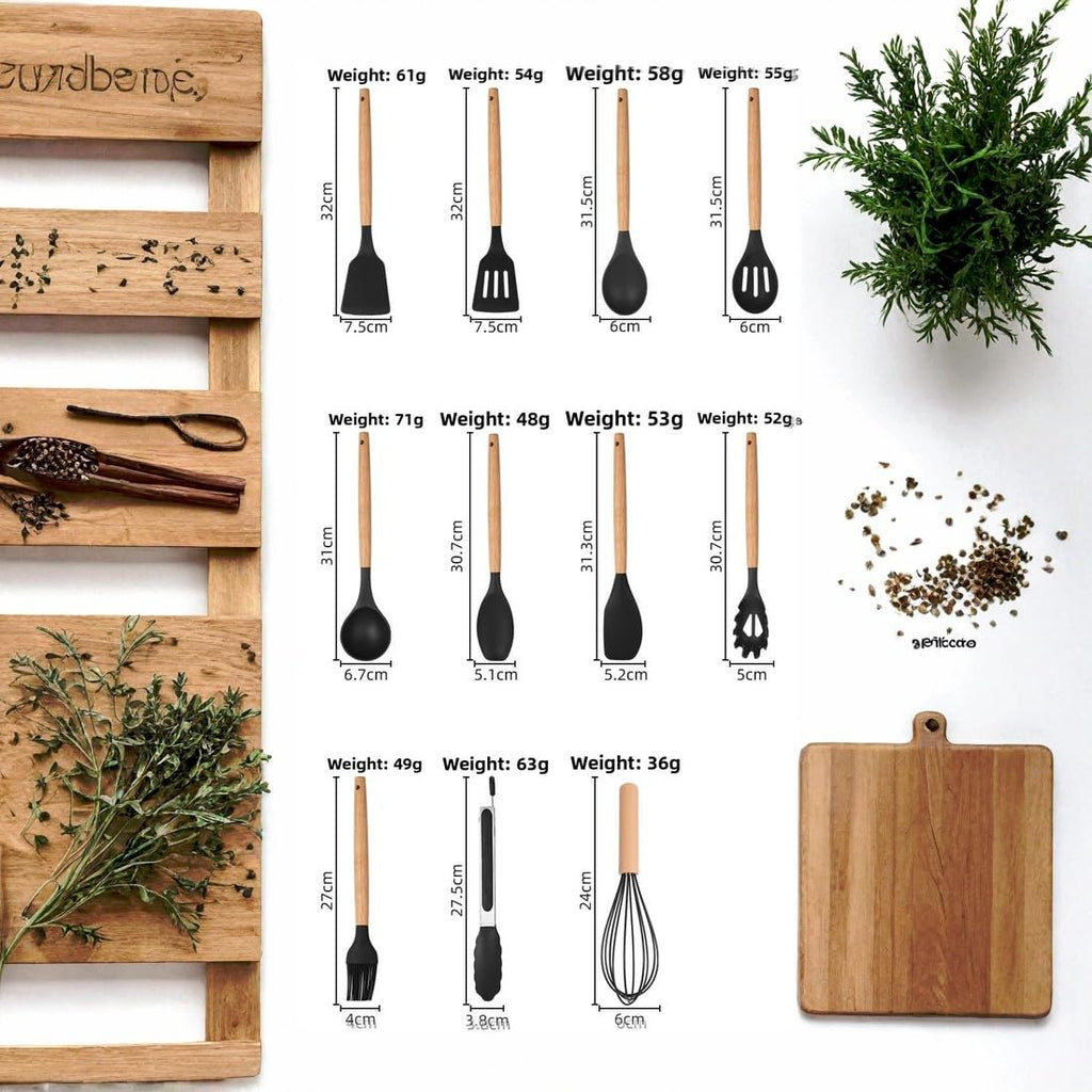 Henlutuo 19-Piece Silicone Kitchen Utensil Set with Stainless Steel Knives & wood Handles | Non-Scratch, Heat-Resistant | Includes Storage Holder (WHITE)
