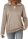 Dokotoo Womens Fall Fashion 2025 Long Sleeve Oversized Sweatshirt for Women Polo Lapel V Neck Color Block Casual Loose Fit Soft Pullover Hoodies Sweatshirts Tops Cozy Winter Clothing Khaki X-Large