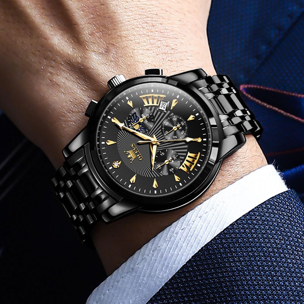 OLEVS Watch Men Black Watches for Men Chronograph Stainless Steel Mens Watches Big Face Classic Luxury Men's Wrist Watch with Date Luminous Waterproof Dress Analog Quartz Relojes para Hombres