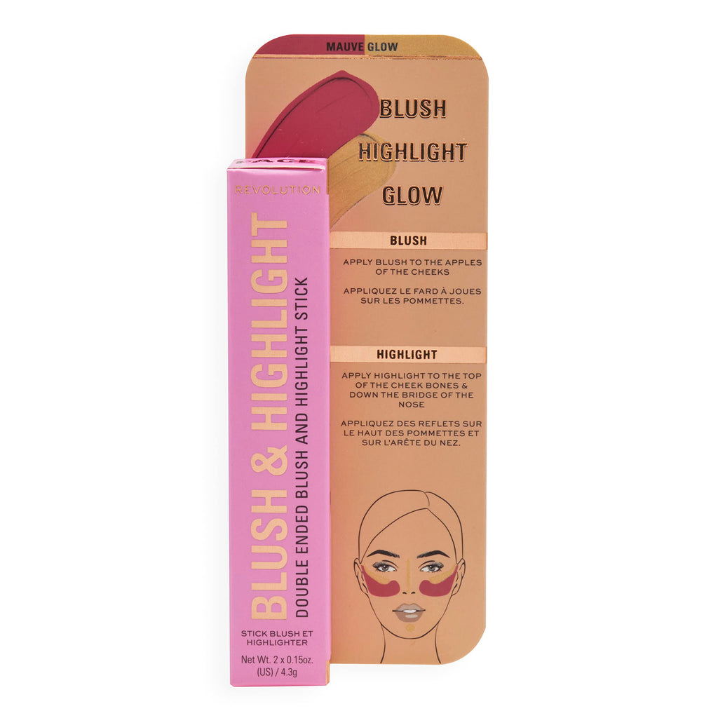 Revolution, Blush & Highlight Stick, Dual Ended, Highly Pigmented, Blendable Formula, Mauve Glow, 2 X 0.15 Oz.
