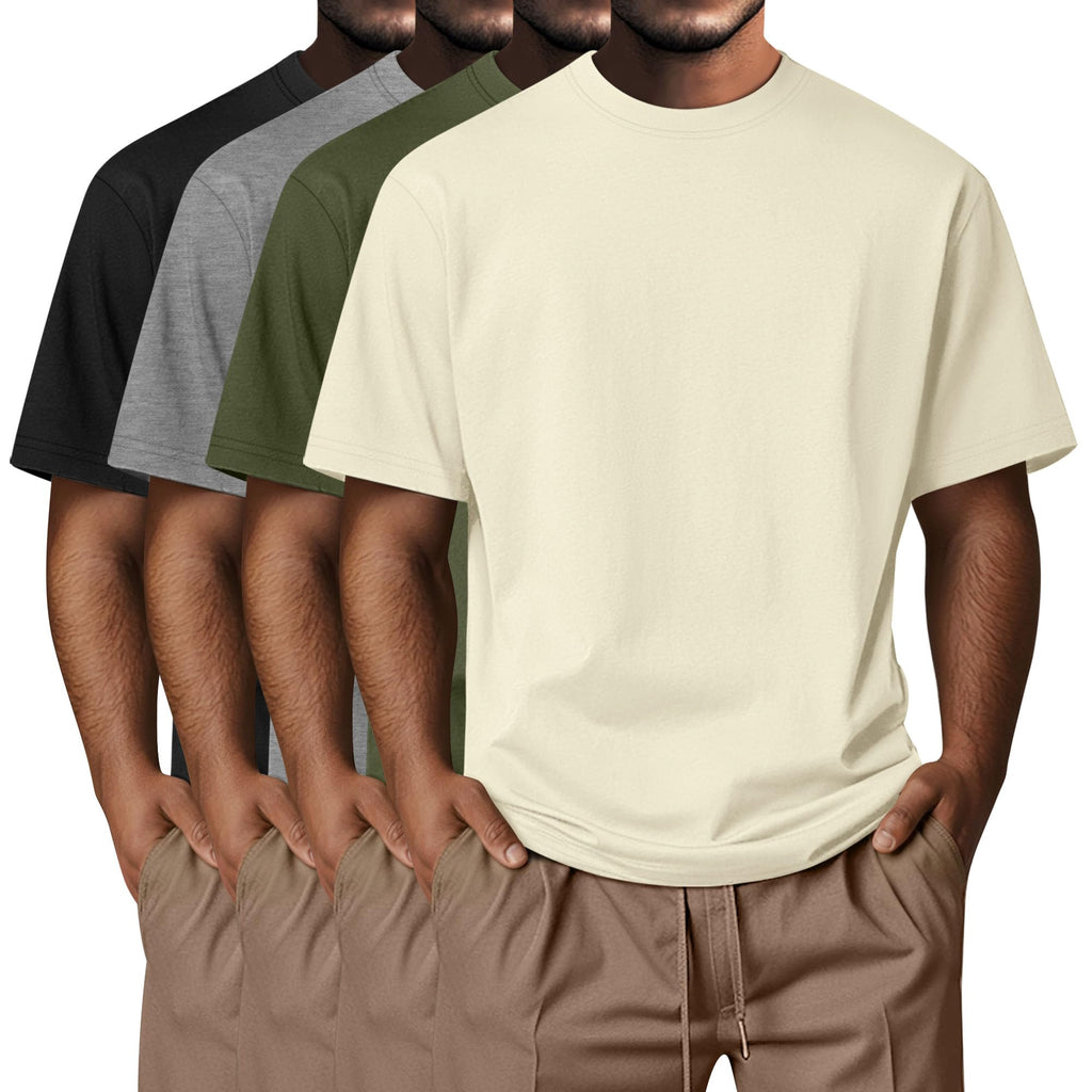 Neer 4 Pack Men's Big and Tall Shirts Summer Cotton Short Sleeve Tee Crew Neck Casual Top Basic Oversize T Shirts(Black, Army Green, Light Gray, Beige,4X-Large)