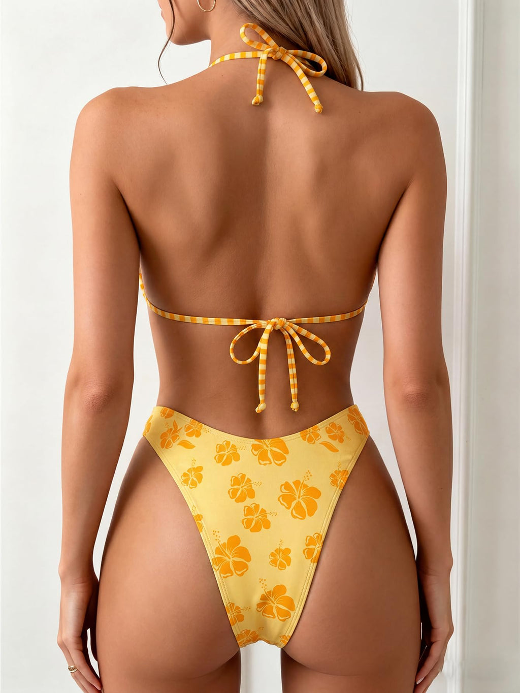 MakeMeChic Women's Polka Dots Triangle Thong Bikini Sets Floral Cute Bathing Suit Swimsuits Yellow Large
