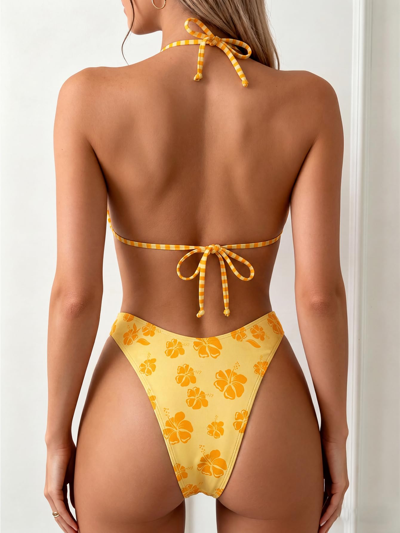 MakeMeChic Women's Polka Dots Triangle Thong Bikini Sets Floral Cute Bathing Suit Swimsuits Yellow Large