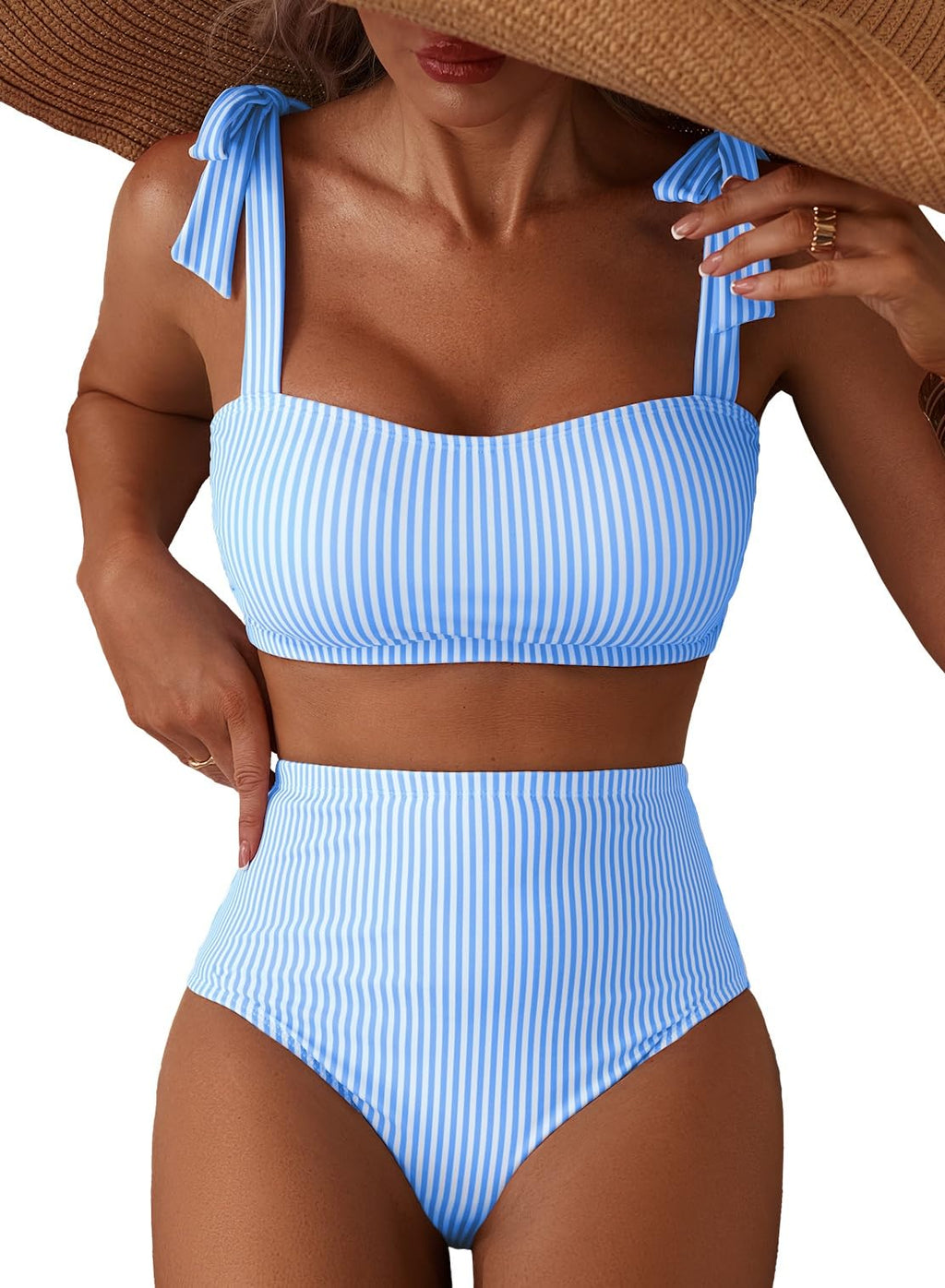 Herseas Women's Striped Bikini Sets Shoulder Strap Knot Removable Pads 2 Piece Swimsuits High Waisted Tummy Control Bathing Suits Teen Cruise Essentials Medium Blue Stripes